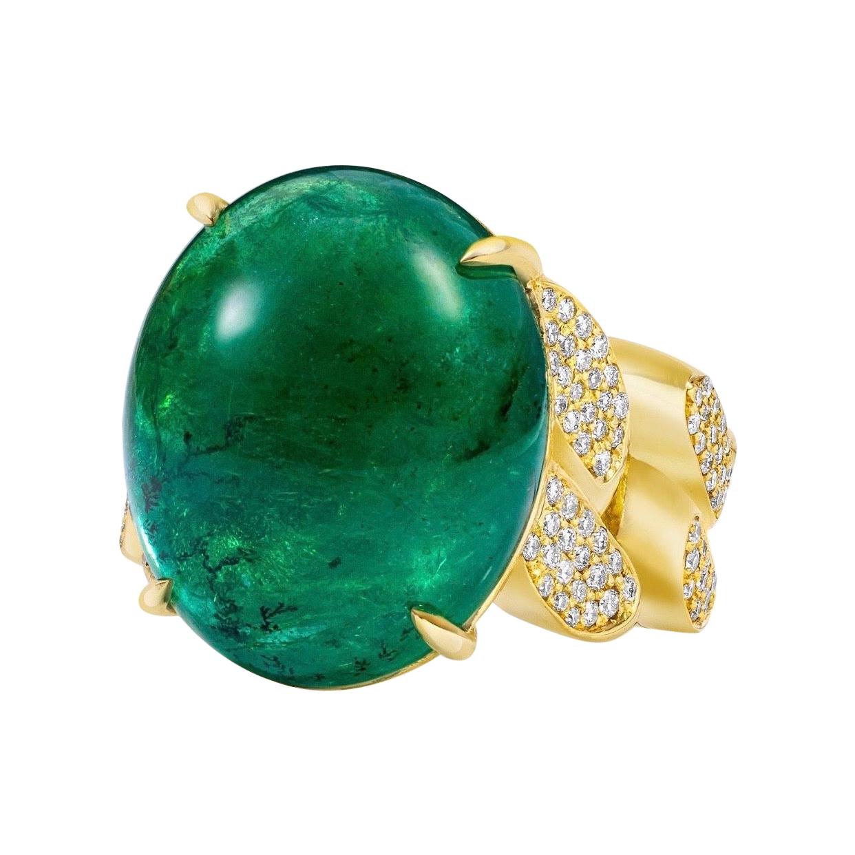 Mindi Mond GIA Certified 21.46 Zambian Emerald Diamond Gold Link Ring For Sale