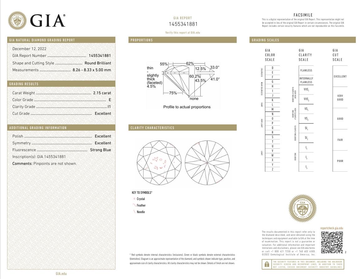 GIA Certified 2.15 Carat E Colour I1 Clarity Diamond For Sale 1