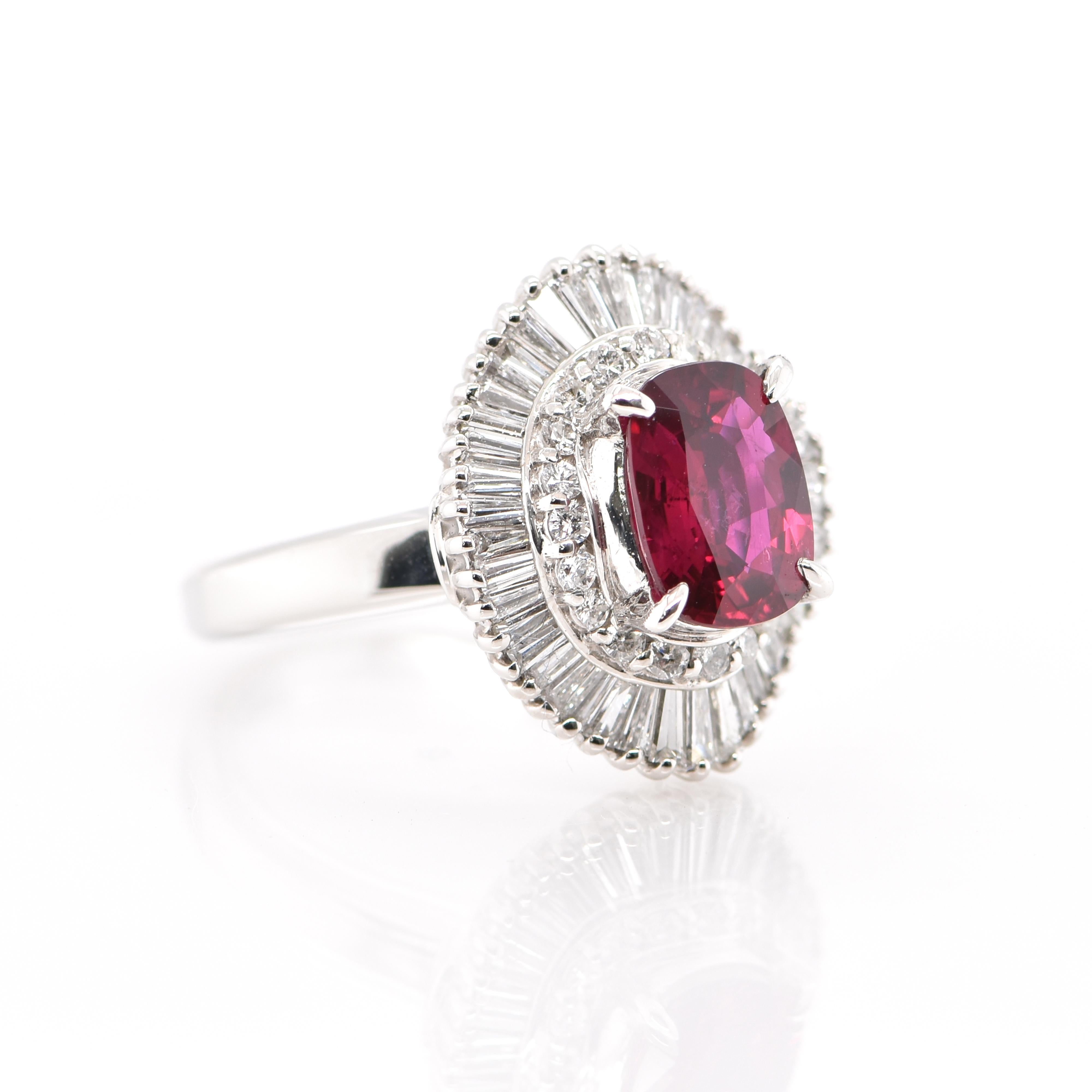 A beautiful Ballerina Ring featuring a GIA Certified 2.15 Carat Natural, Thailand, Heated Ruby and 0.96 Carat of Diamond Accents set in Platinum. Rubies are referred to as 