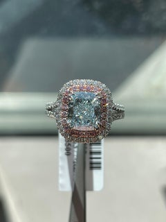 GIA Certified 2.15 Fancy Light Blue Double Halo Cushion Cut Engagement Ring