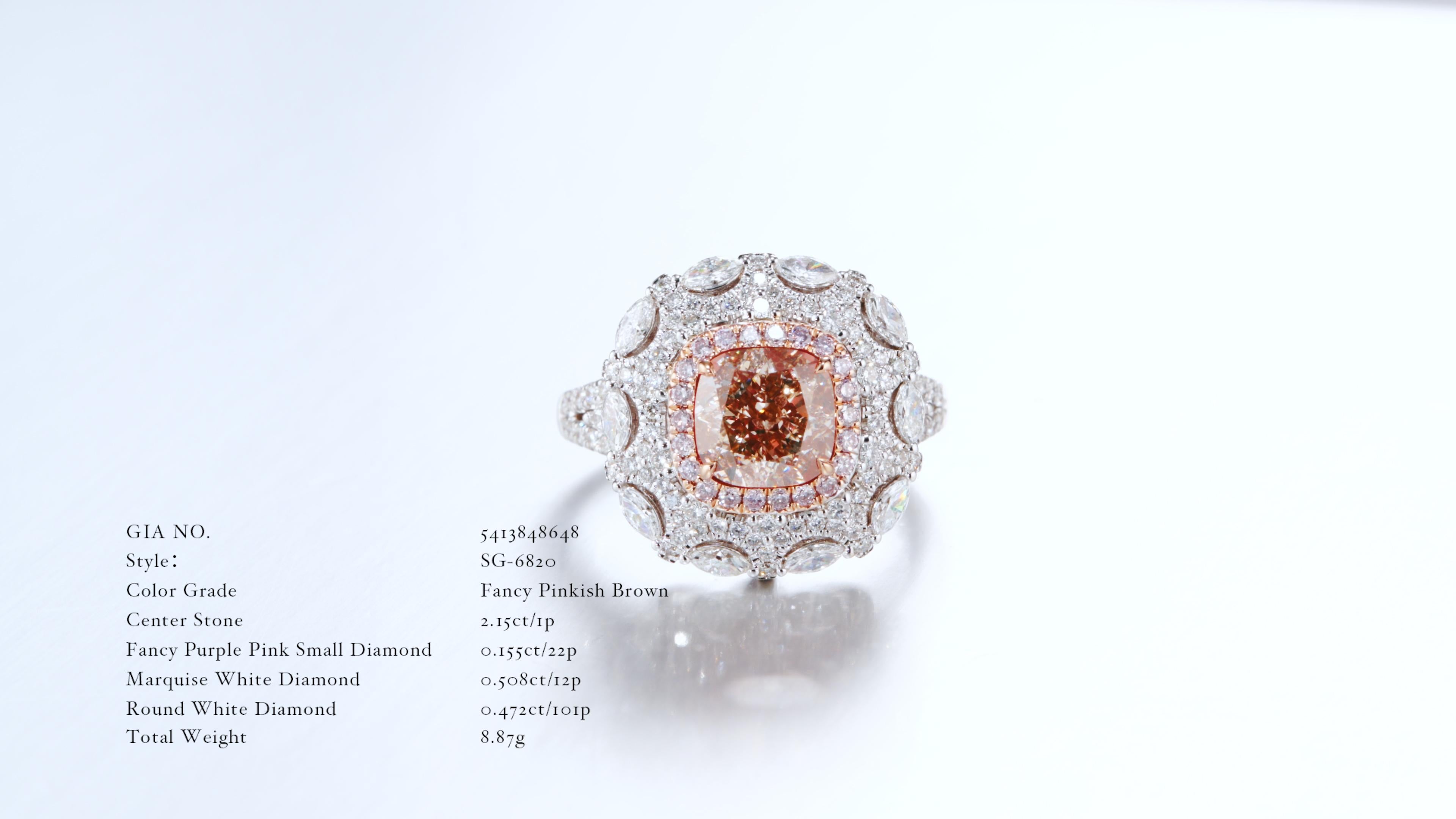 Cushion Cut GIA Certified, 2.15ct Natural Fancy Pinkish Brown Cushion cut diamond ring 18KT. For Sale