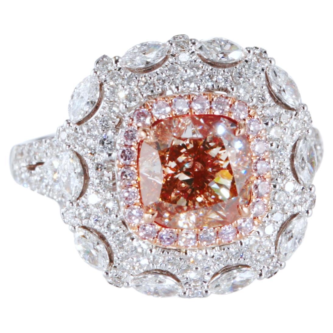 GIA Certified, 2.15ct Natural Fancy Pinkish Brown Cushion cut diamond ring 18KT. For Sale