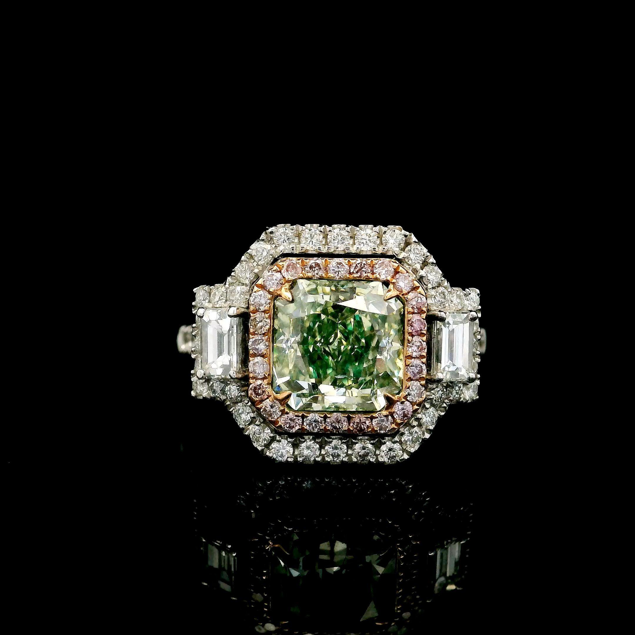 18kt white gold ring with diamonds
  
  Gold colour & karat: White gold 18kt
  Weight: 5.585 grams
  
  Set with-
  Stone type: Diamonds
  Shape: Radiant
  Carat: 2.16 ct
  Colour: Fancy Yellow Green
  Clarity: SI2
  
  Surrounding Stones: Diamonds

