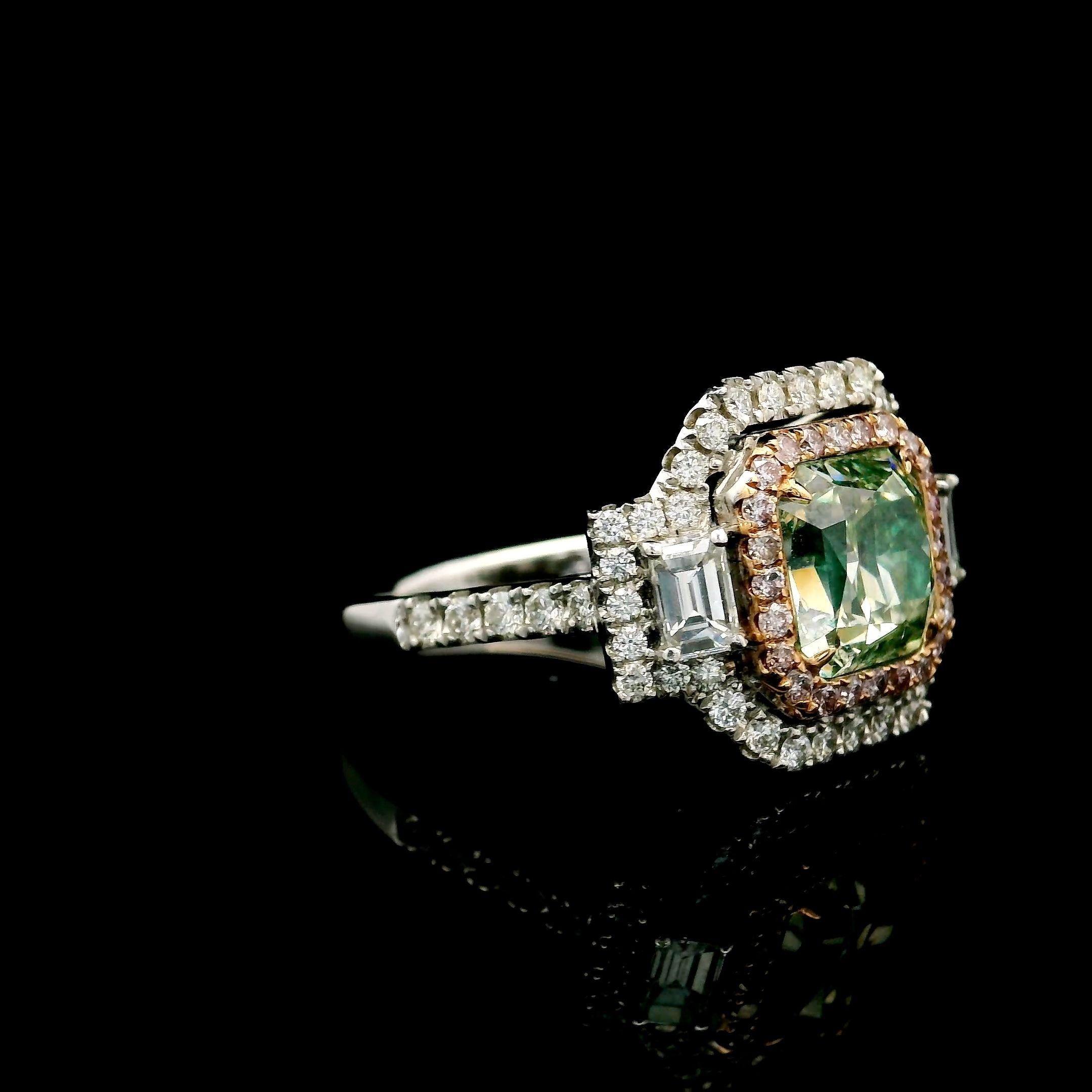 Emerald Cut GIA Certified 2.16 Carat Fancy Yellow Green SI2 Clarity Diamond Ring For Sale