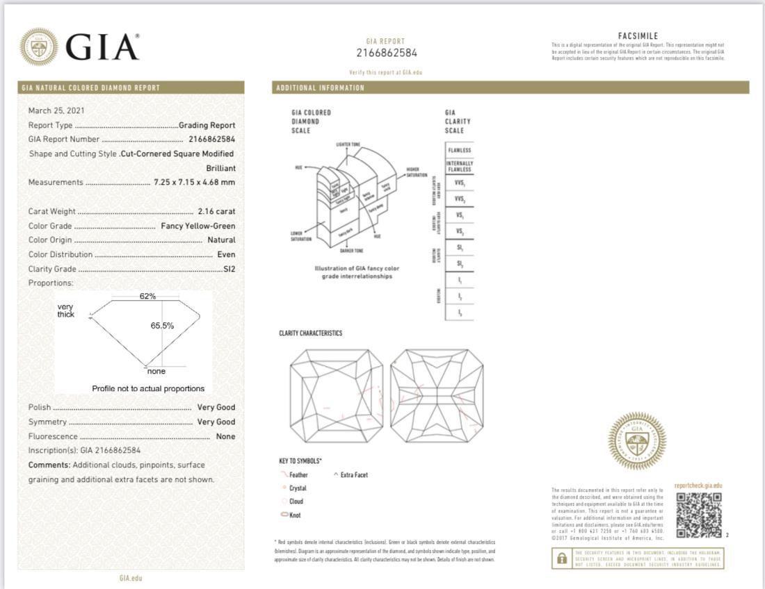 GIA Certified 2.16 Carat Fancy Yellow Green SI2 Clarity Diamond Ring For Sale 3