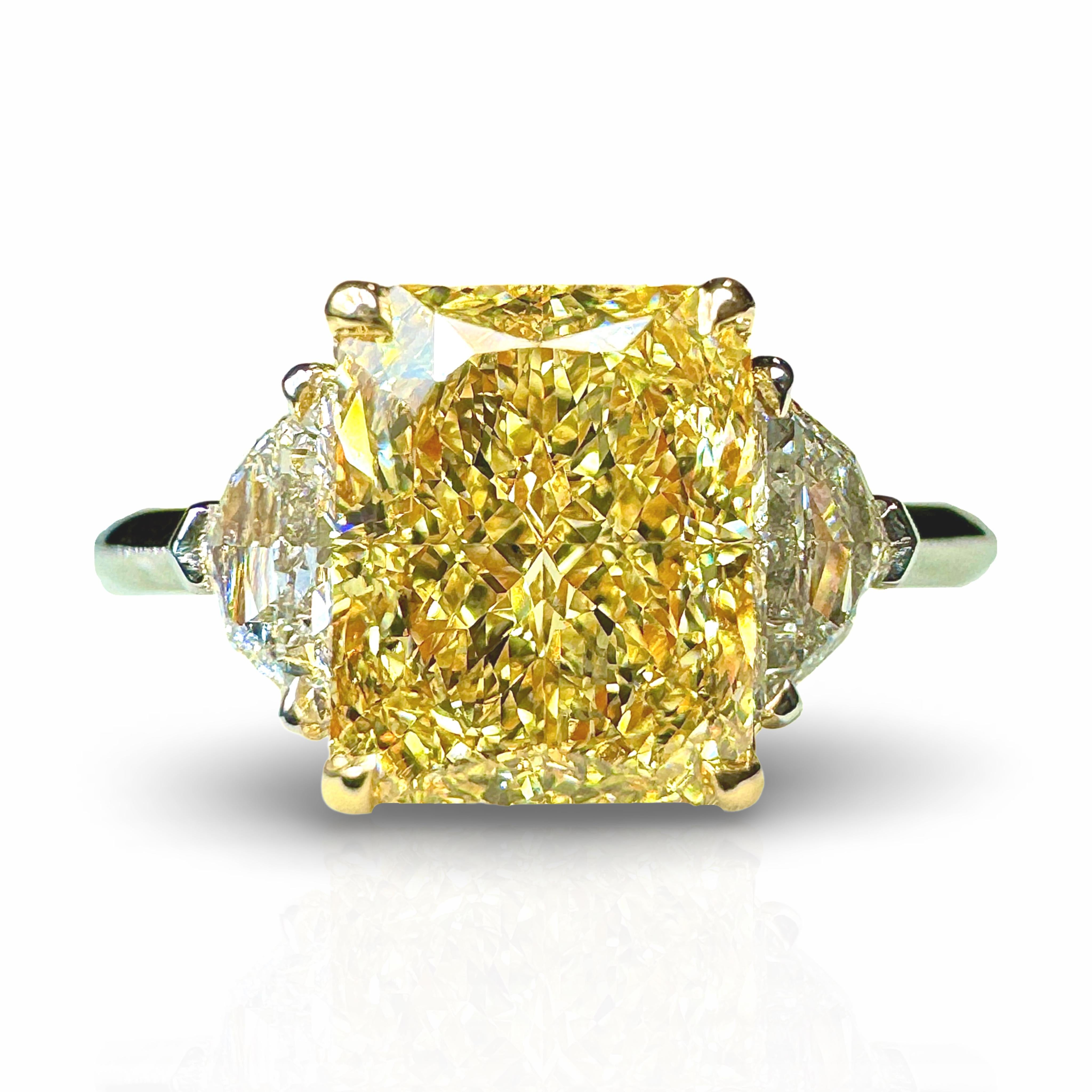Men's GIA Certified 2.16 Radiant Cut Fancy Yellow Diamond 3 Stone Ring For Sale