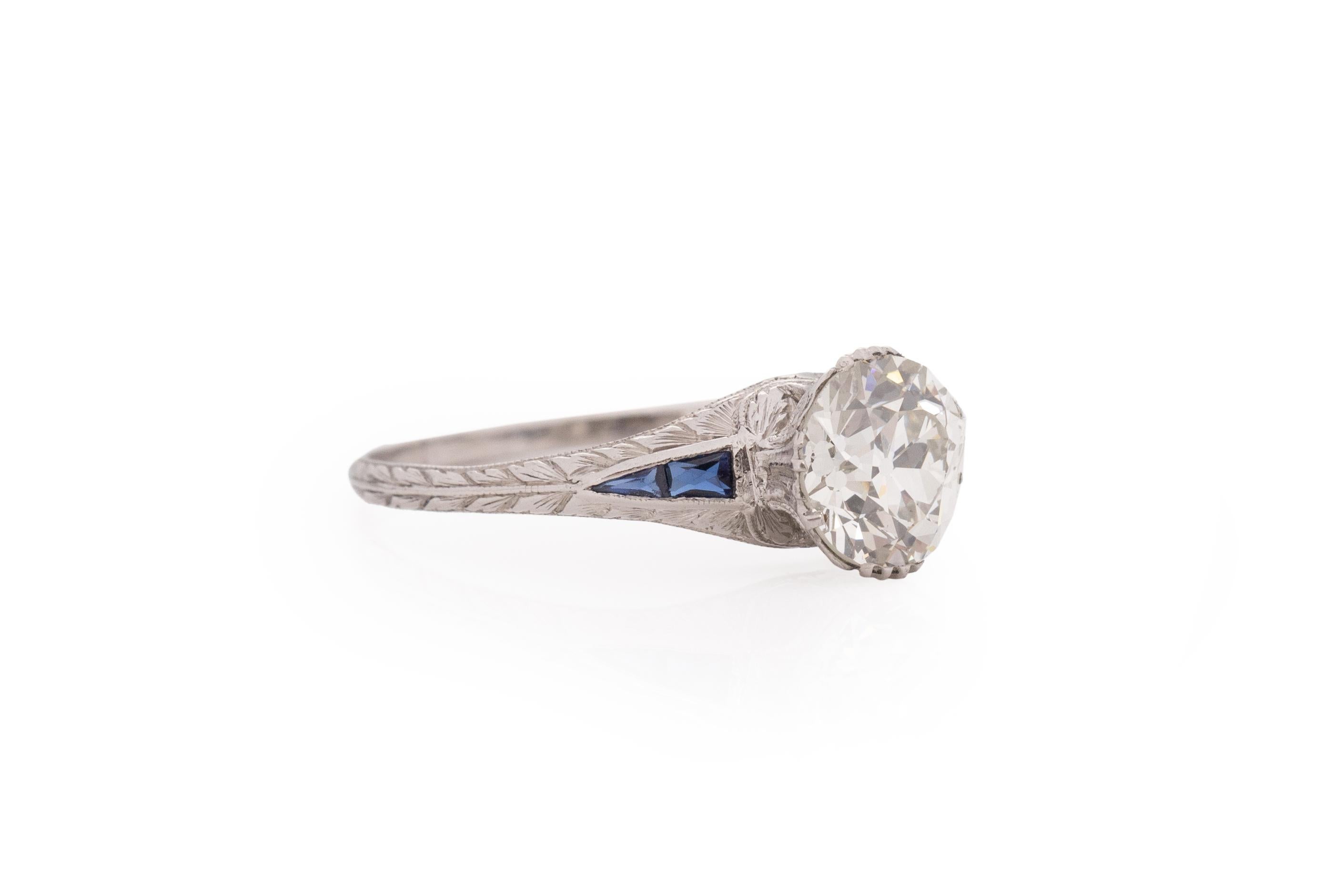 Ring Size: 9
Metal Type: Platinum [Hallmarked, and Tested]
Weight: 3.5 grams

Center Diamond Details:
GIA REPORT #: 6217852349
Weight: 2.17carat
Cut: Old European brilliant
Color: K
Clarity: VS2
Measurements: 8.04mm x 7.96mm x 5.13

Side Stone