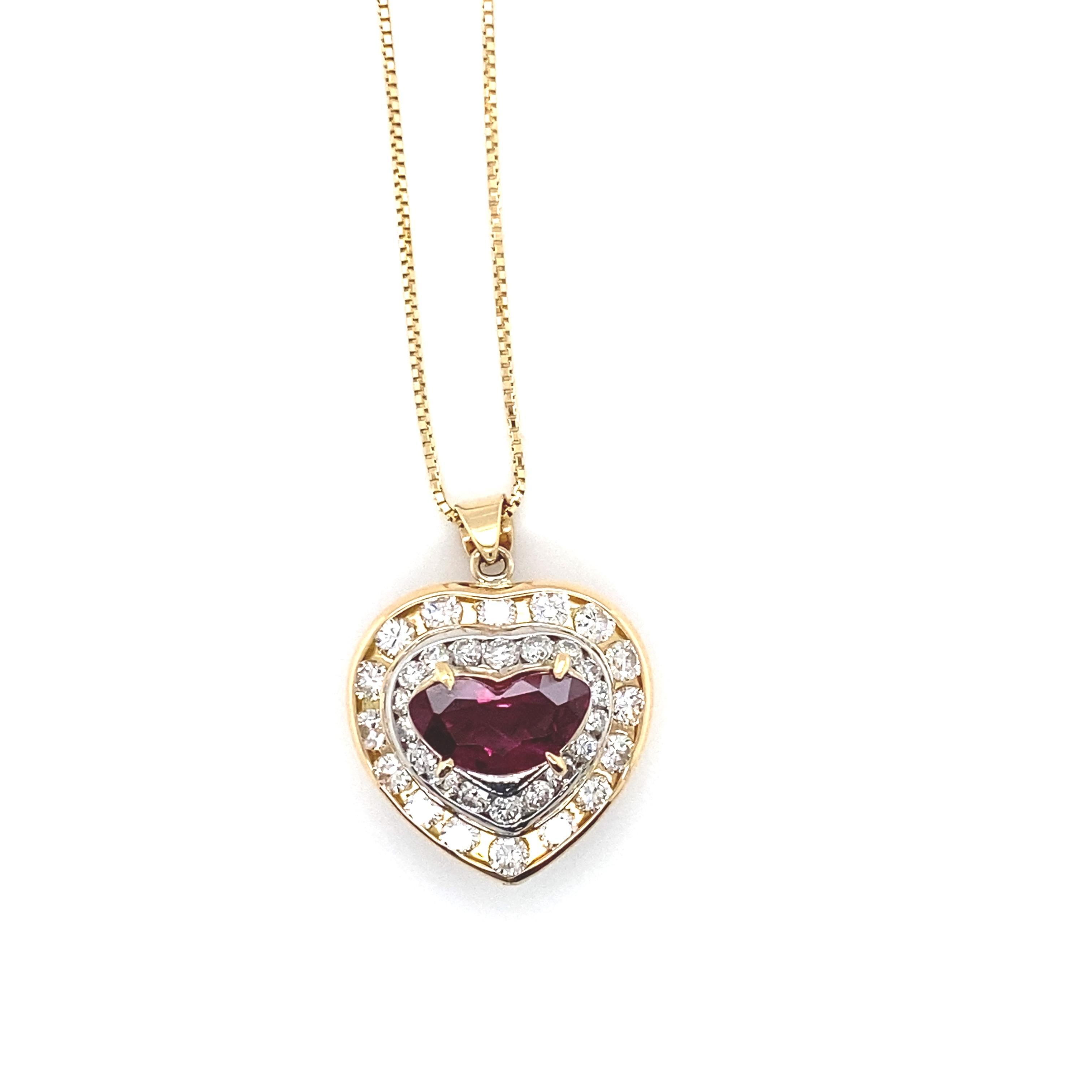 A stunning Pendant Necklace featuring a GIA Certified 2.17 Carat Natural, Thai, Heated Ruby and 2.02 Carats of Diamond Accents set in 18K Yellow Gold. Rubies are referred to as 