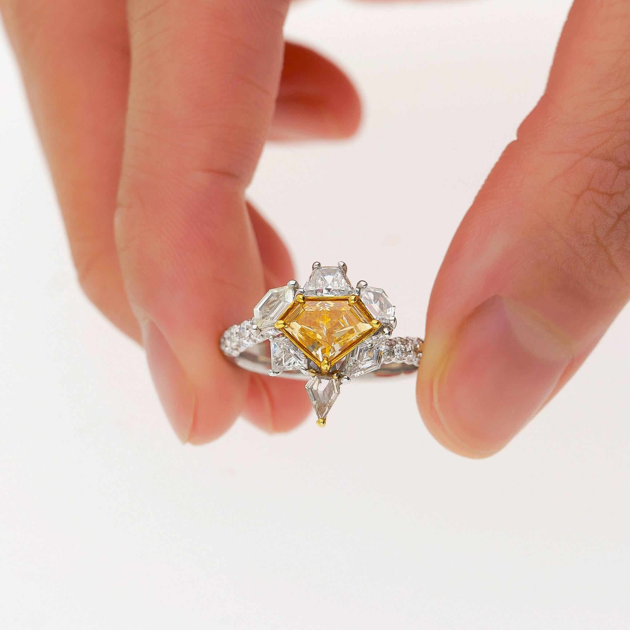 GIA Certified 2.17 Carat TW Fancy Intense Orange Shield Mixed Cut Diamond Ring For Sale 5