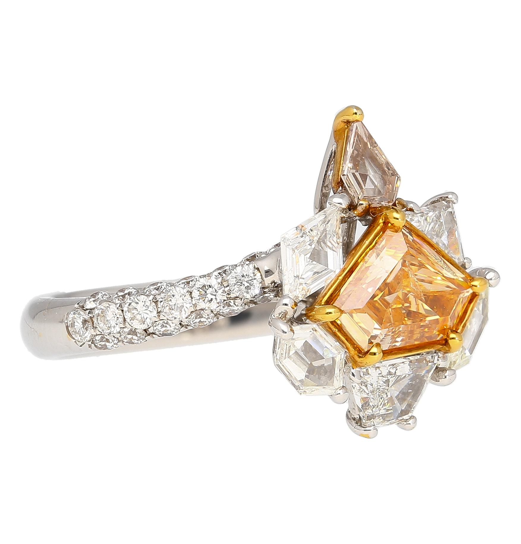 GIA Certified 2.17 Carat TW Fancy Intense Orange Shield Mixed Cut Diamond Ring In New Condition For Sale In Miami, FL
