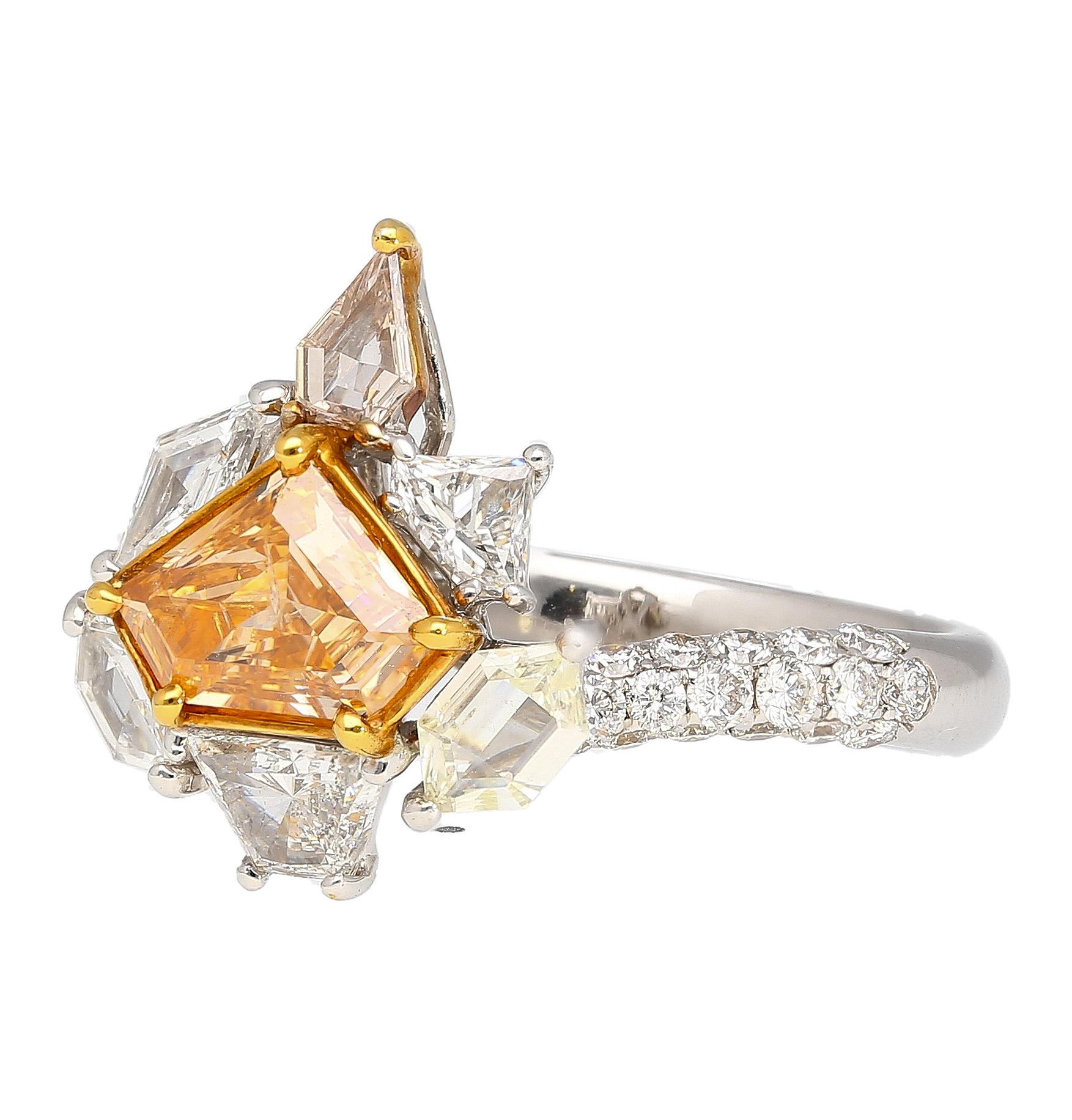 Women's GIA Certified 2.17 Carat TW Fancy Intense Orange Shield Mixed Cut Diamond Ring For Sale
