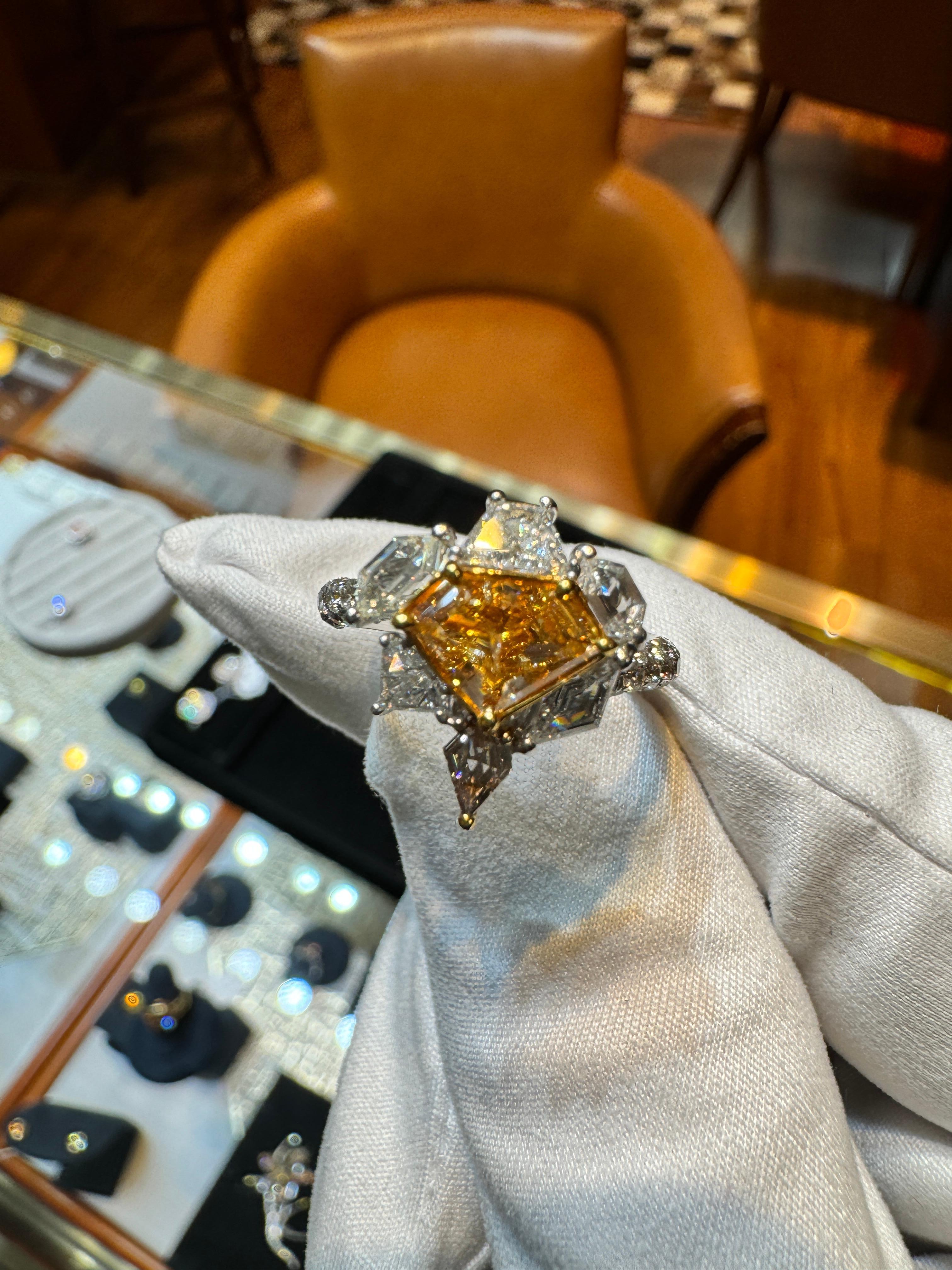 GIA Certified 2.17 Carat TW Fancy Intense Orange Shield Mixed Cut Diamond Ring For Sale 2