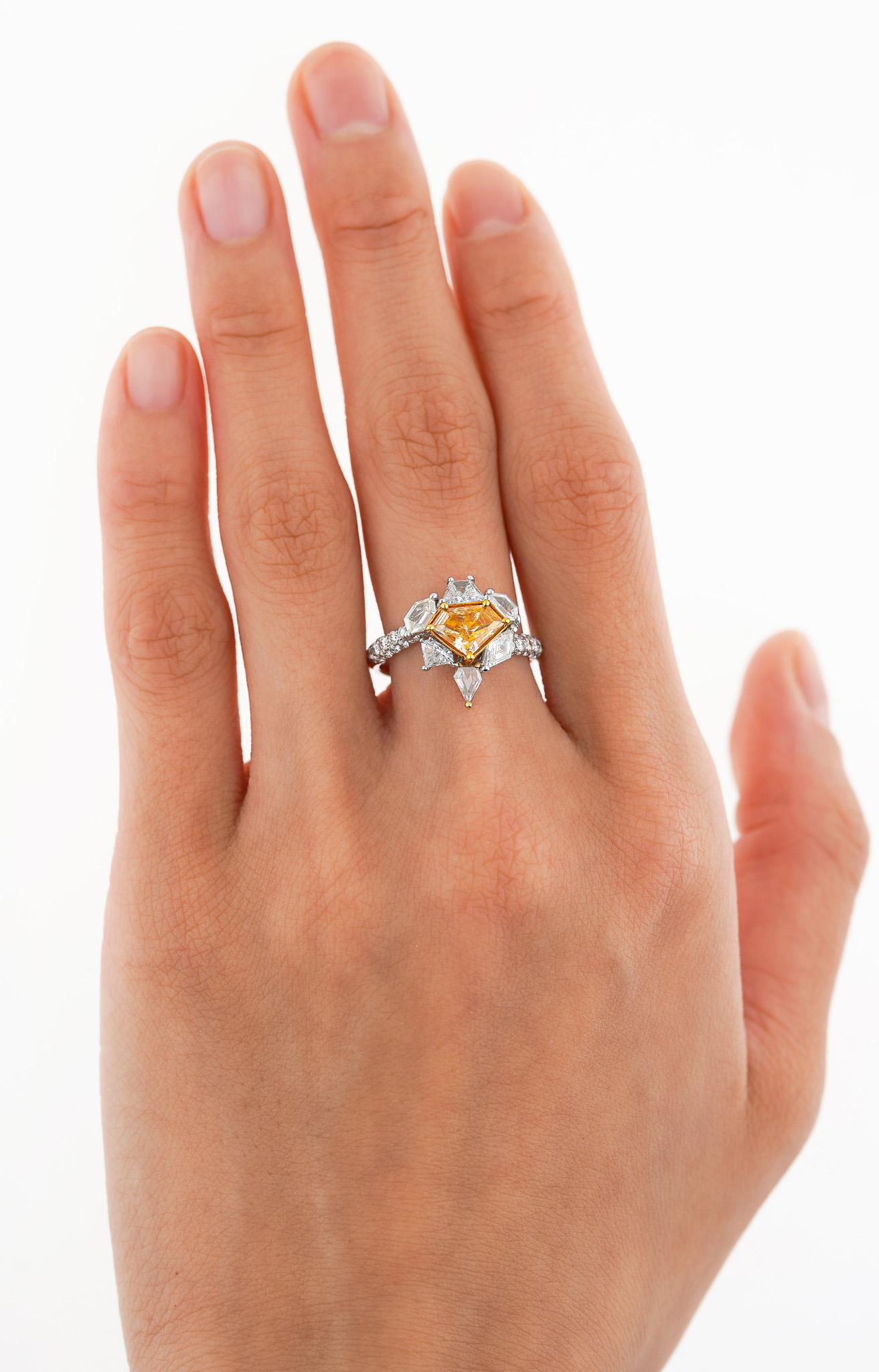 GIA Certified 2.17 Carat TW Fancy Intense Orange Shield Mixed Cut Diamond Ring For Sale 4