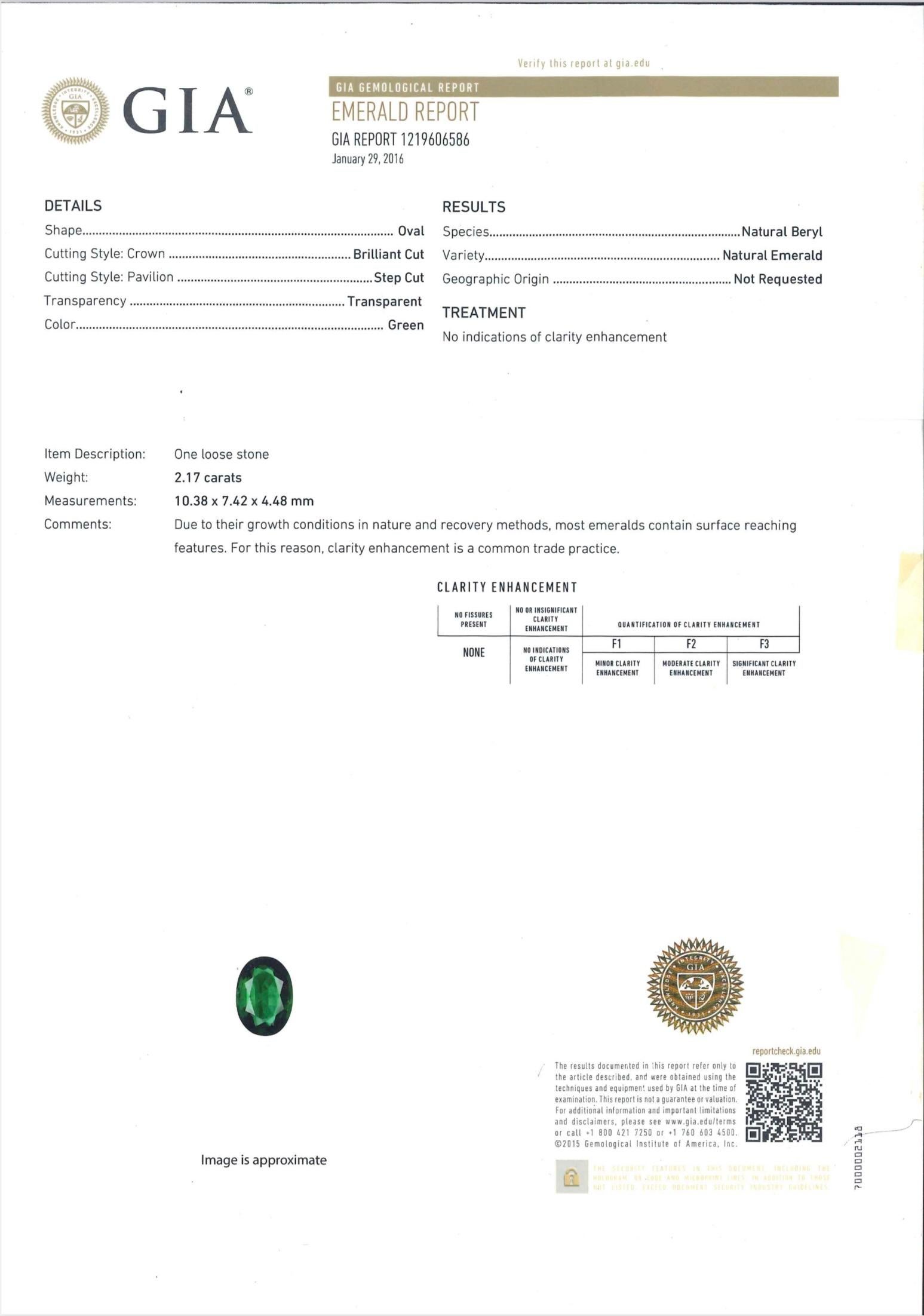 Bague en émeraude certifiée GIA de 2,17 carats, sans pétrole, de pureté œil nu. Neuf - En vente à New York, NY