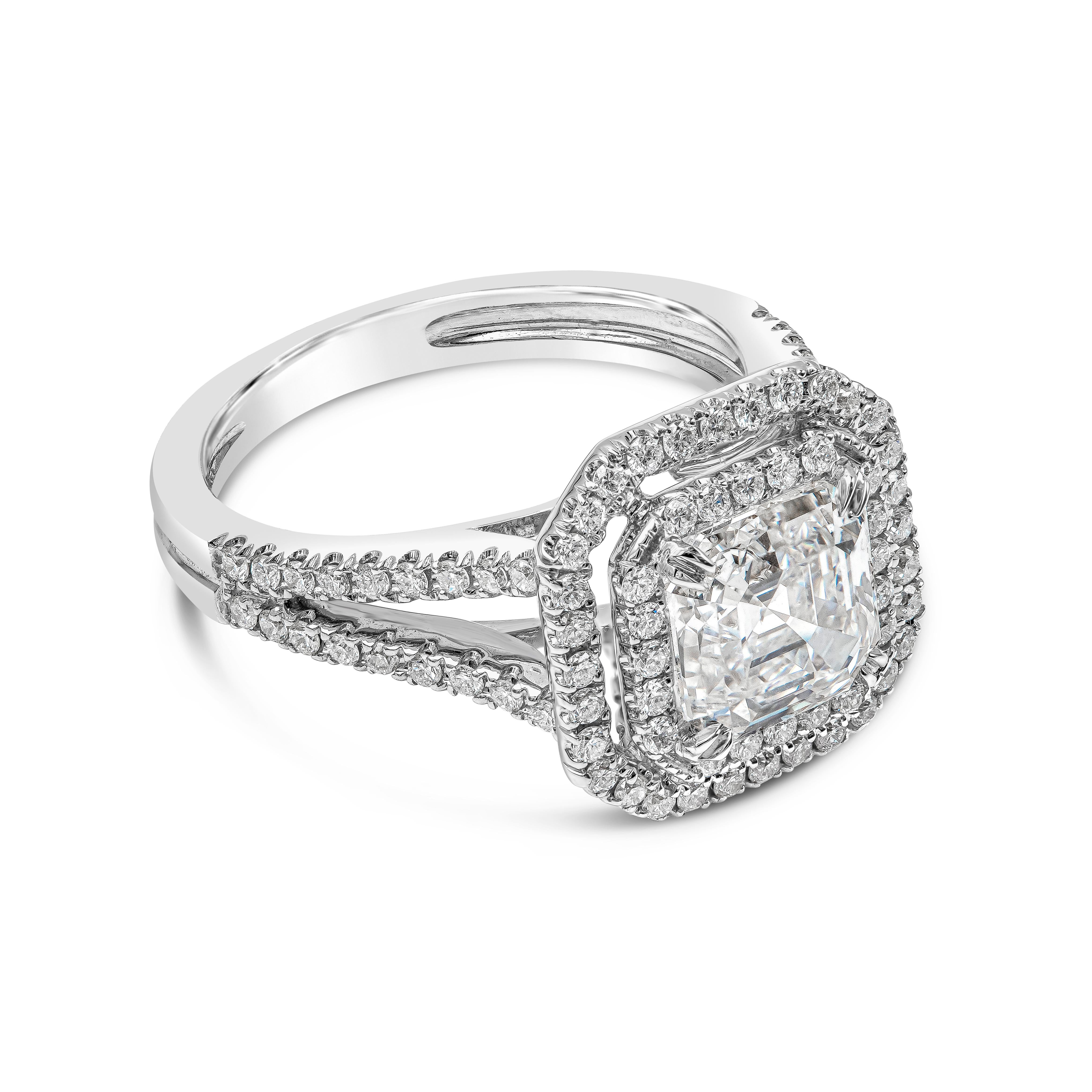 Features a well-crafted 2.18 carats asscher cut diamond center stone that GIA certified as F color, IF (internally Flawless) in clarity. Embellished with two rows of brilliant round cut diamonds as well as diamonds on the split-shank mounting