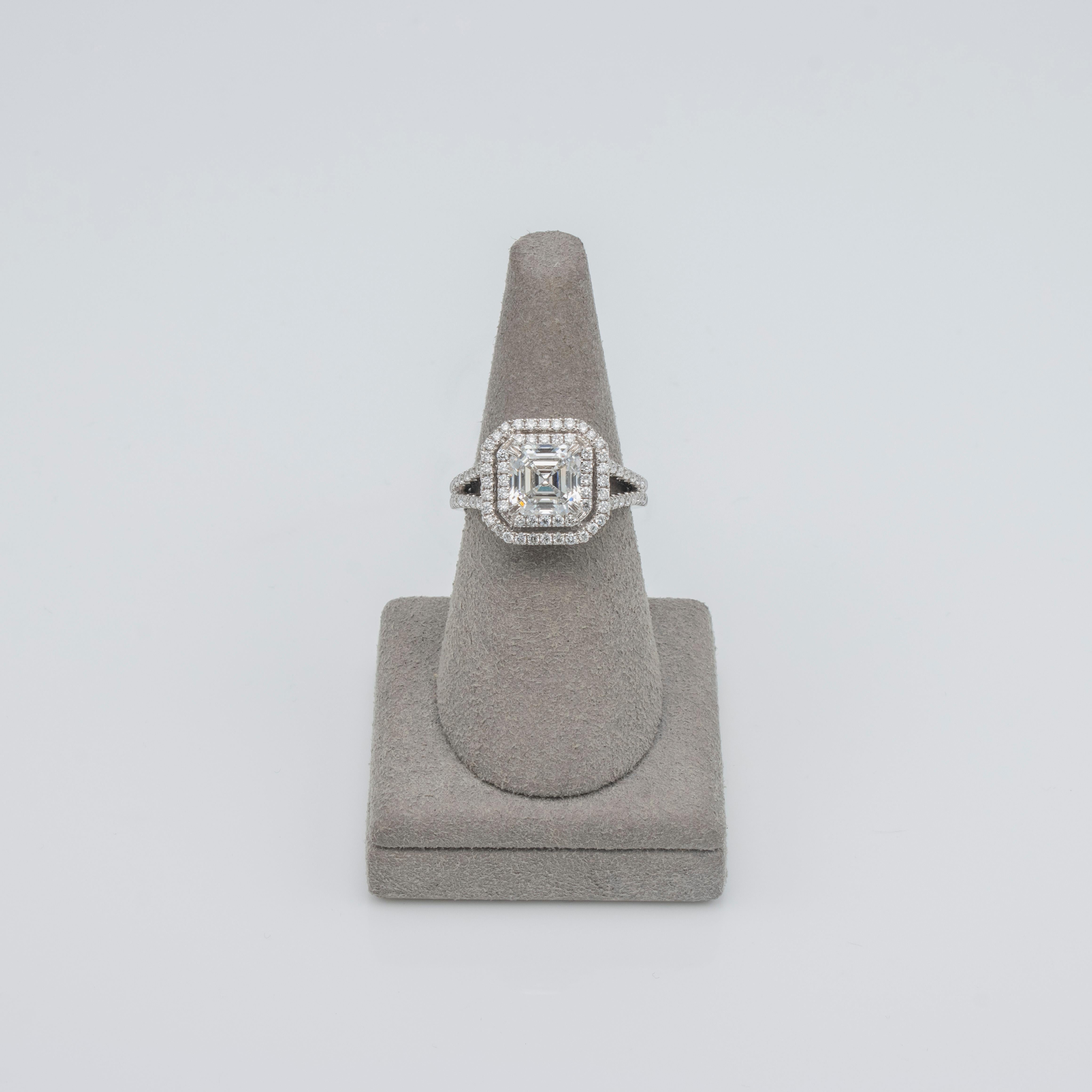 GIA Certified 2.18 Carats Asscher Cut Diamond Double Halo Engagement Ring In New Condition For Sale In New York, NY
