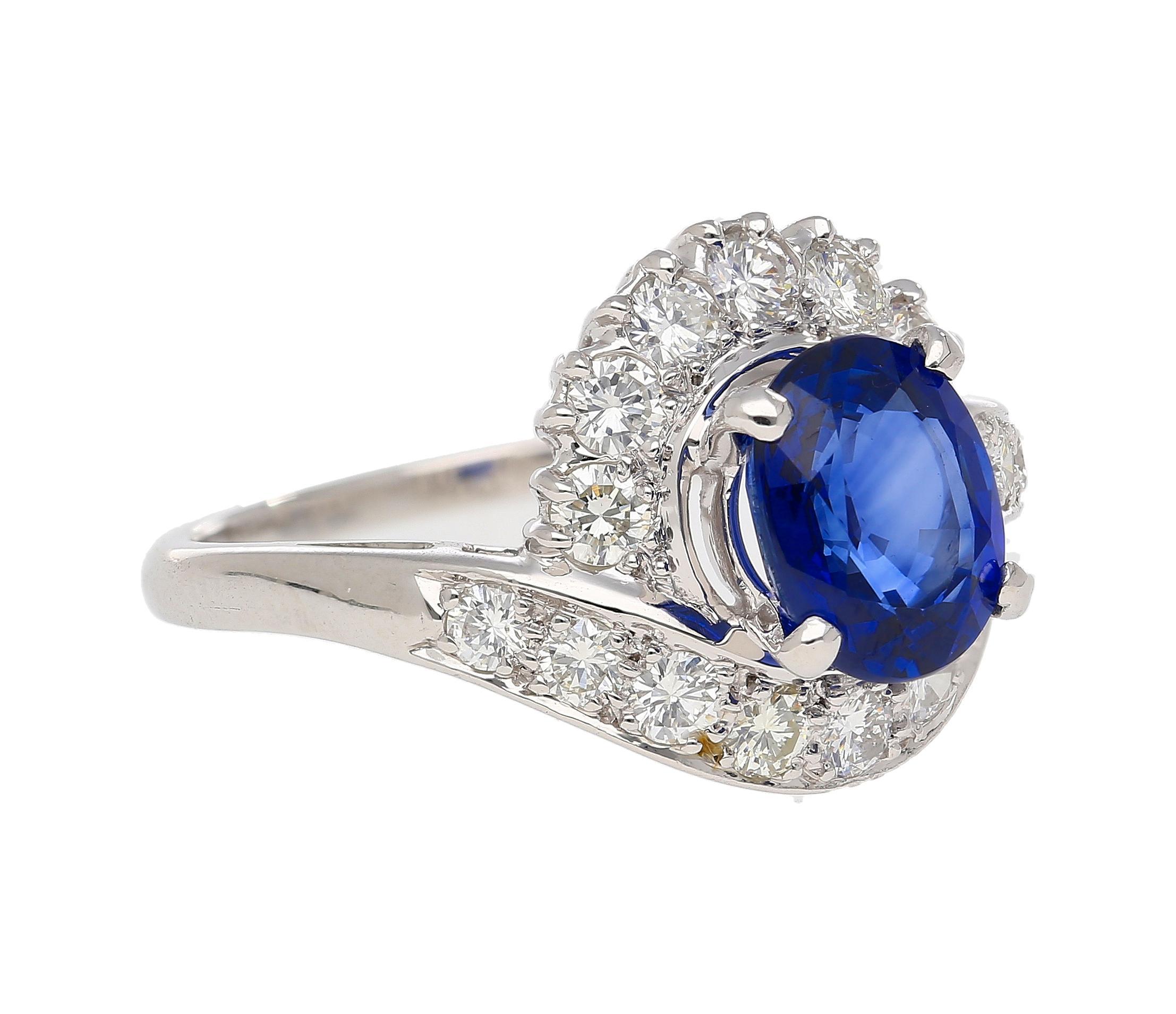 Oval Cut GIA Certified 2.18 Carat Oval Blue Sapphire & Diamond Platinum Bypass Halo Ring For Sale