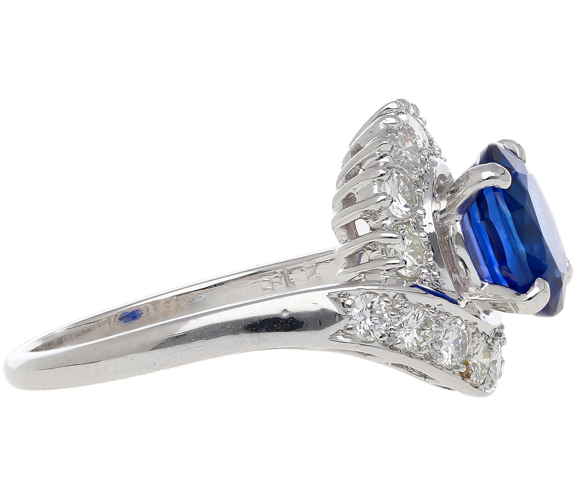 GIA Certified 2.18 Carat Oval Blue Sapphire & Diamond Platinum Bypass Halo Ring In New Condition For Sale In Miami, FL