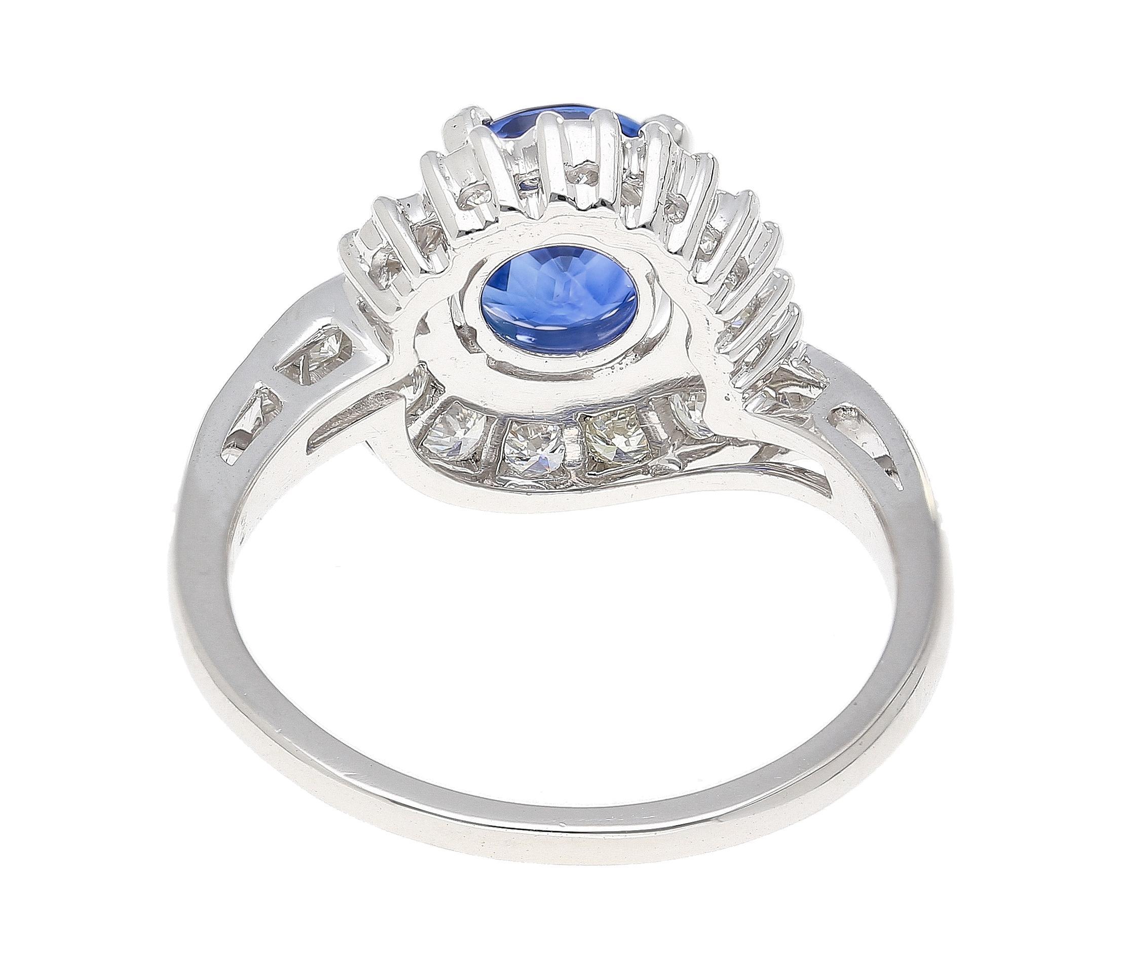 GIA Certified 2.18 Carat Oval Blue Sapphire & Diamond Platinum Bypass Halo Ring For Sale 1