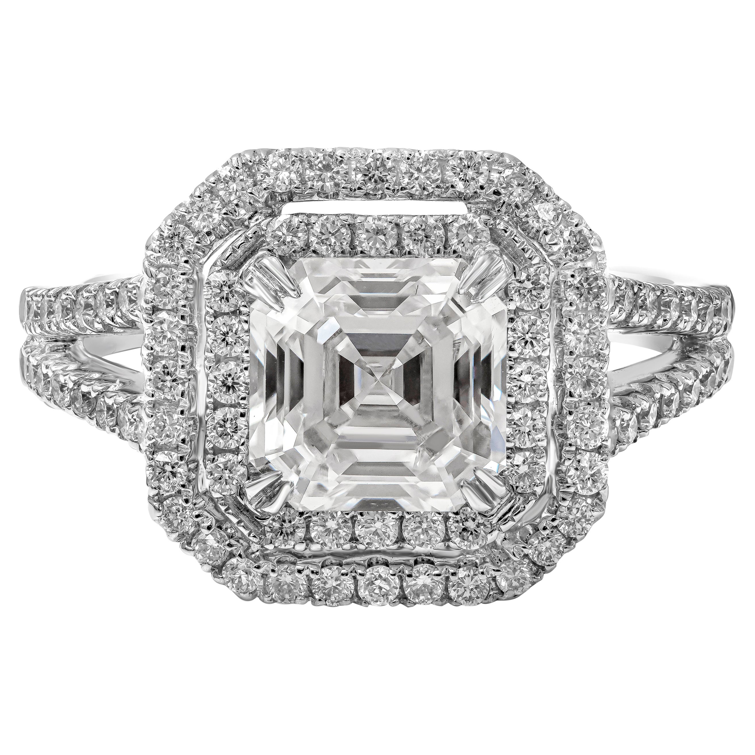 Bague de fiançailles à double halo de diamants taille Asscher de 2,18 carats certifiés GIA