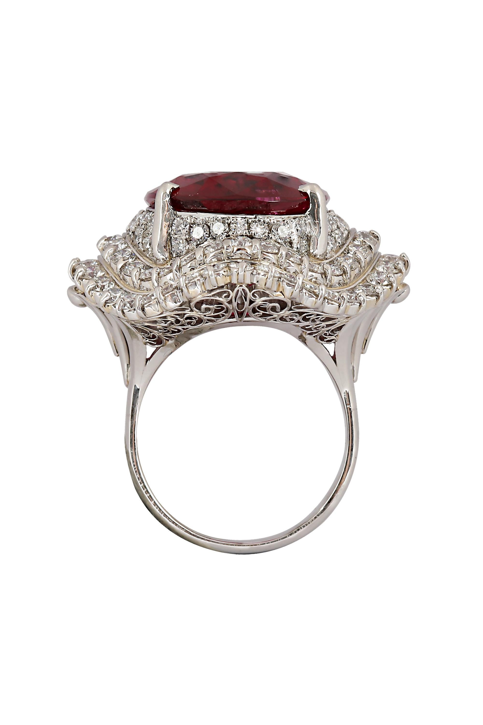 GIA Certified 21.85 Carat Rubellite Diamond Ring In Excellent Condition For Sale In beverly hills, CA