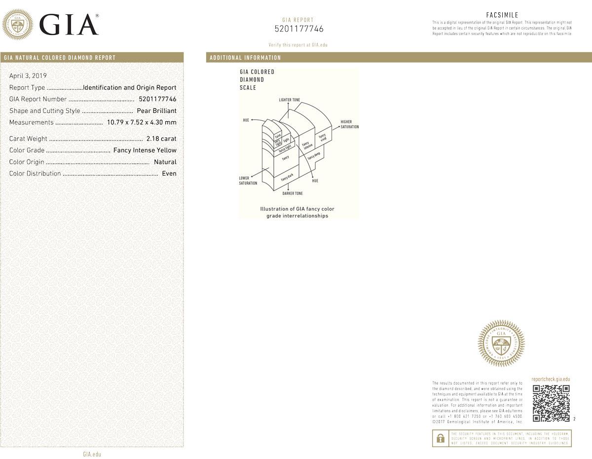 From the House of Provident Jewelry, this enchanting necklace is delicately composed in 18k white and yellow gold, showcasing the luminous beauty of a GIA-certified natural fancy intense yellow pear-shaped diamond, weighing 2.18 carats. Radiant and