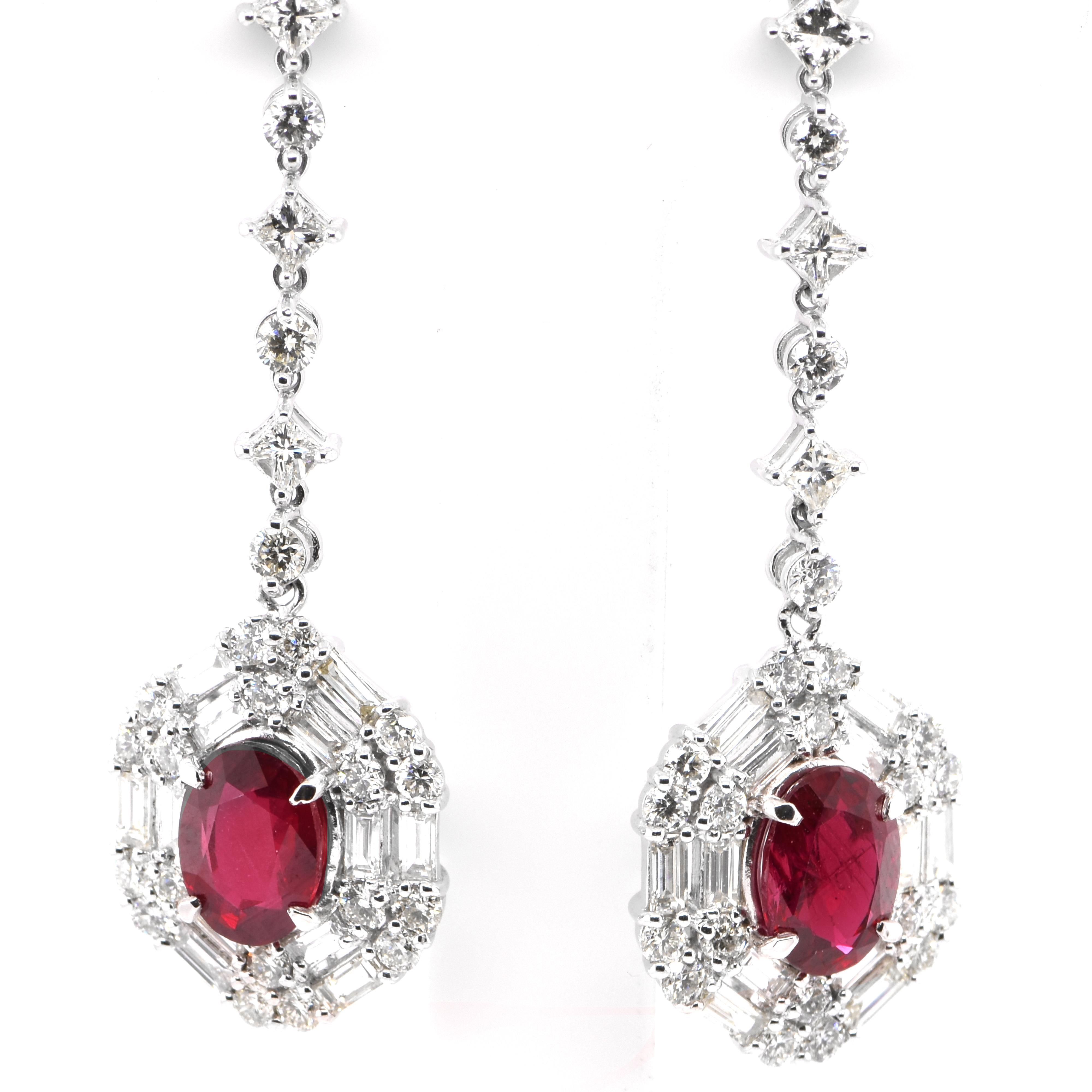 Oval Cut GIA Certified 2.19 Carat Natural Untreated Ruby Drop Earrings Set in Platinum