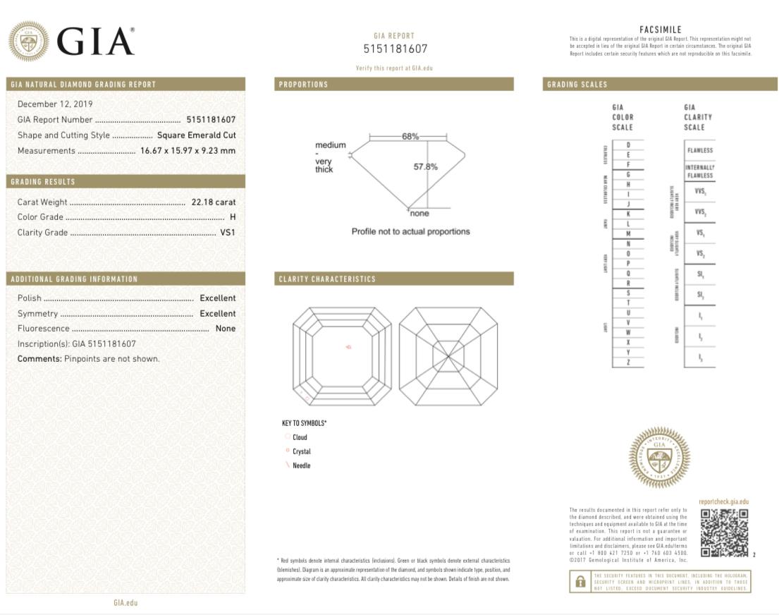 Women's or Men's GIA Certified 22 Carat Diamond Emerald Cut Diamond For Sale