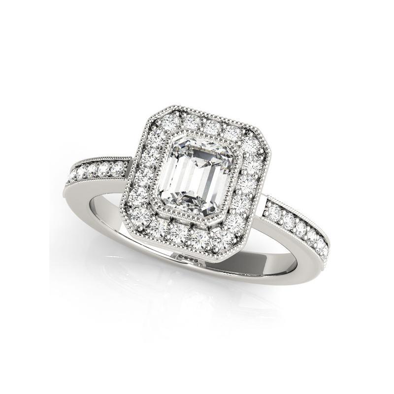 GIA zertifiziert 2,2 Karat Smaragd Halo Milgrain 18K Weißgold Diamantring (Smaragdschliff) im Angebot