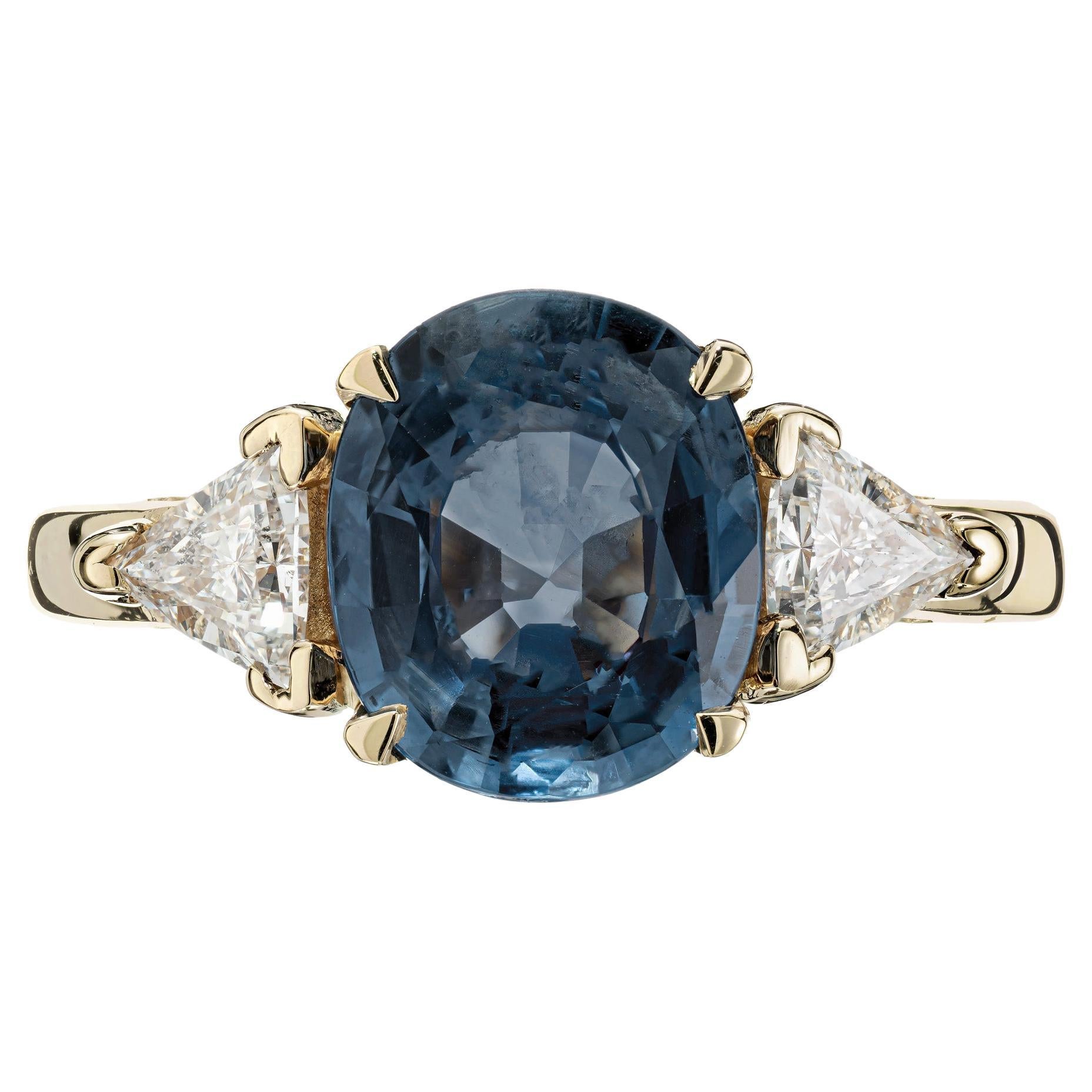 GIA Certified 2.20 Carat Blue Sapphire Diamond Three-Stone Gold Engagement Ring