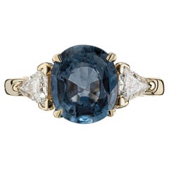 Bague de fiançailles en or à trois pierres avec saphir bleu et diamant de 2,20 carats certifiés par le GIA