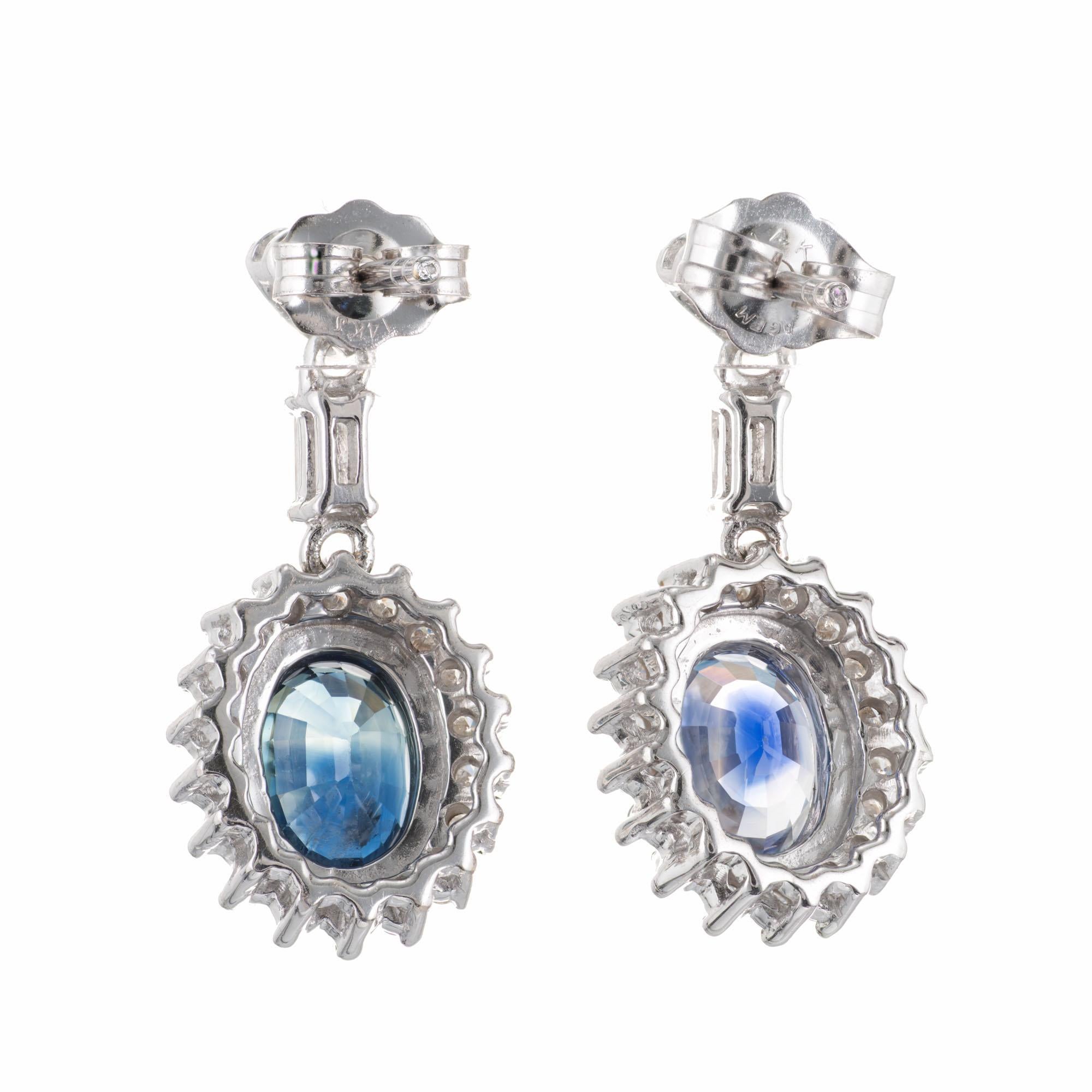 Oval Cut GIA Certified 2.20 Carat Blue Sapphire Diamond White Gold Dangle Earrings For Sale
