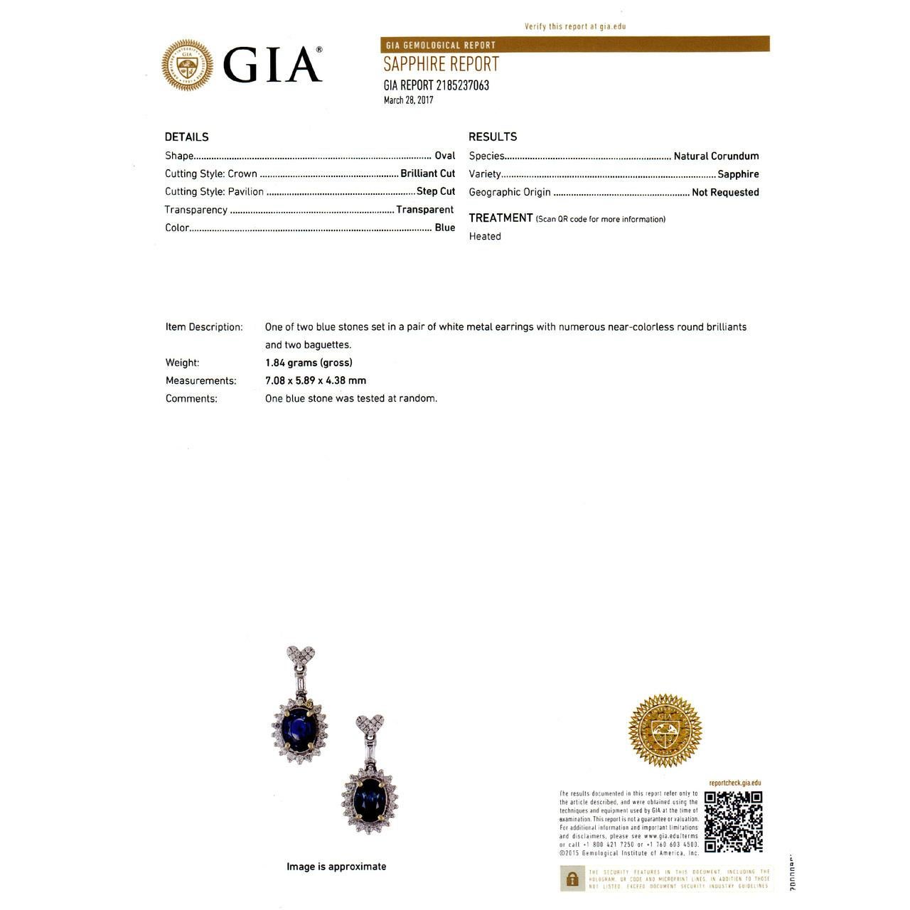 GIA Certified 2.20 Carat Blue Sapphire Diamond White Gold Dangle Earrings For Sale 1