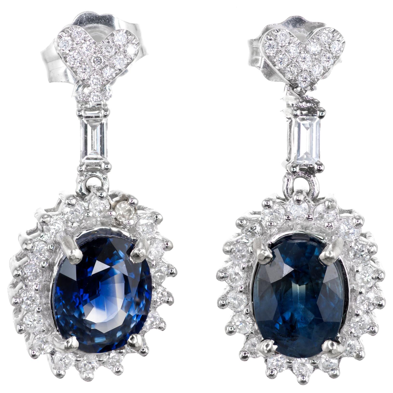 GIA Certified 2.20 Carat Blue Sapphire Diamond White Gold Dangle Earrings For Sale