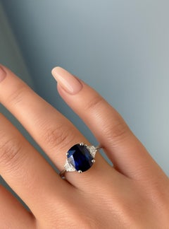GIA Certified 2.20 Carat Blue Sapphire Half Moon Diamond Platinum Ring