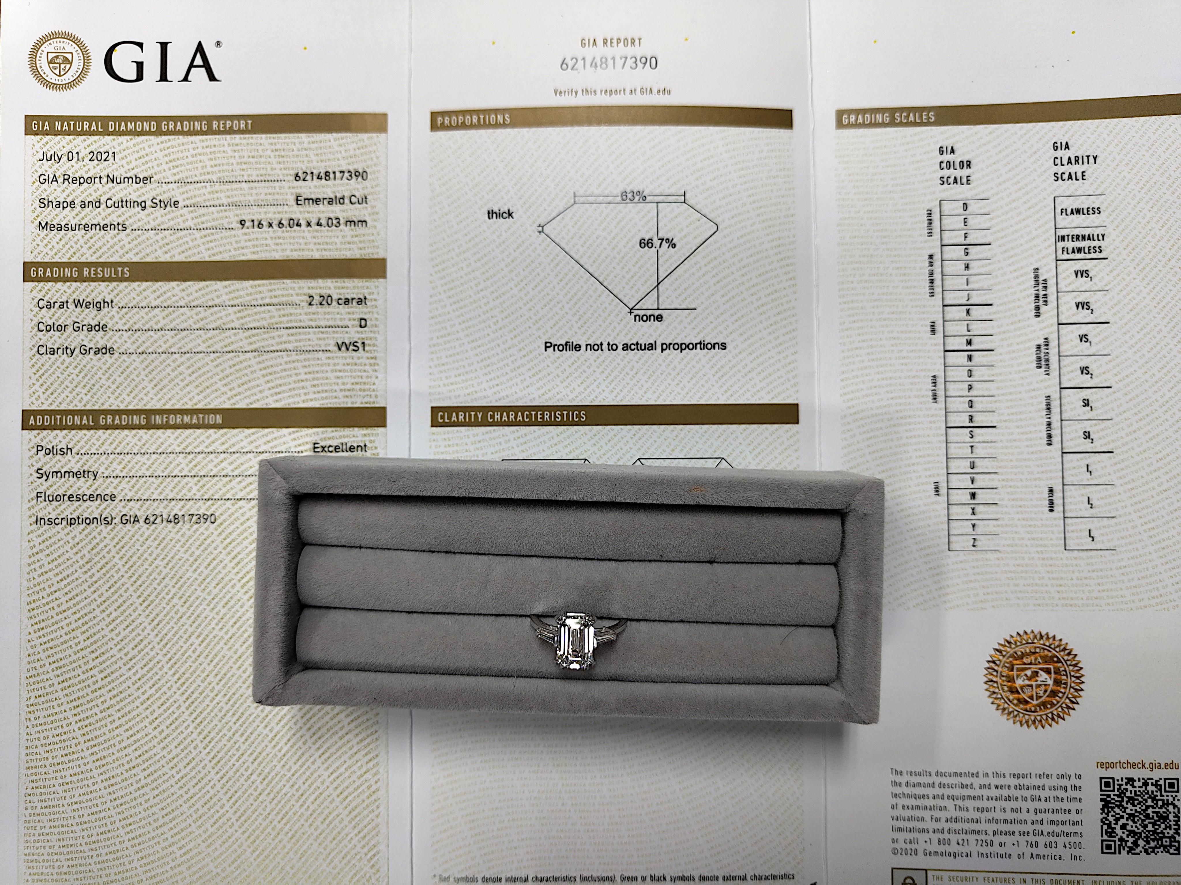 Women's or Men's GIA Certified 2.20 Carat D Color VVS1 Clarity Emerald Cut Diamond 18K Gold Ring For Sale