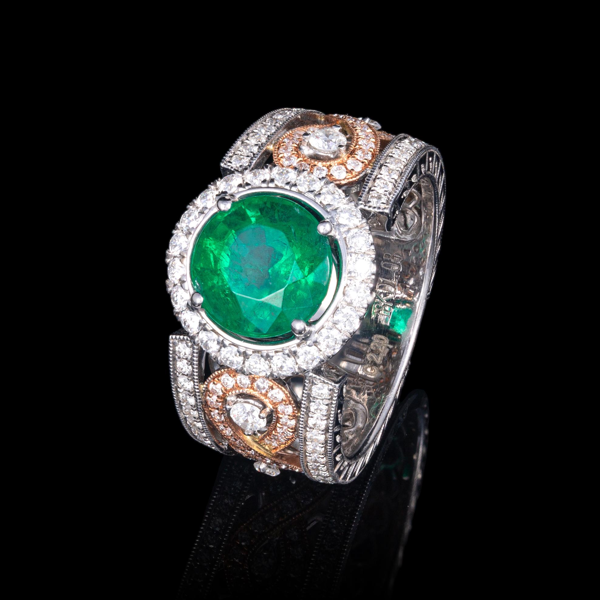 GIA Certified 2.20 Carat Natural Brazilian Emerald 18K Rose and White Gold Ring In New Condition For Sale In Los Angeles, CA