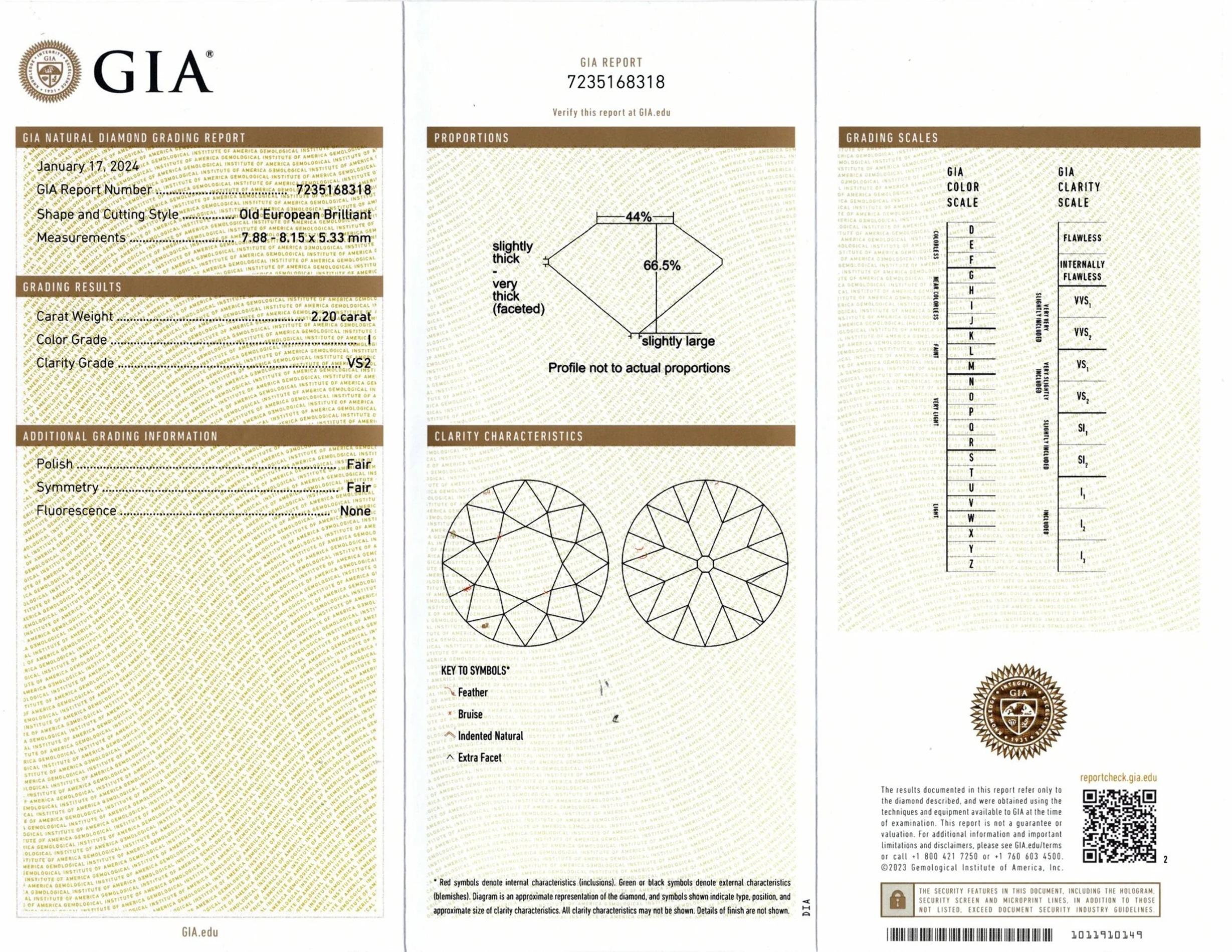 GIA Certified 2.20 Carat Round Brilliant Cut Diamond Engagement Old Cut Unisexe en vente