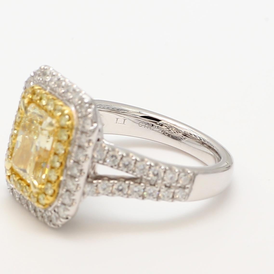 GIA Certified 2.20 Carat Yellow Radiant Cut Diamond Halo Ring In New Condition In New York, NY