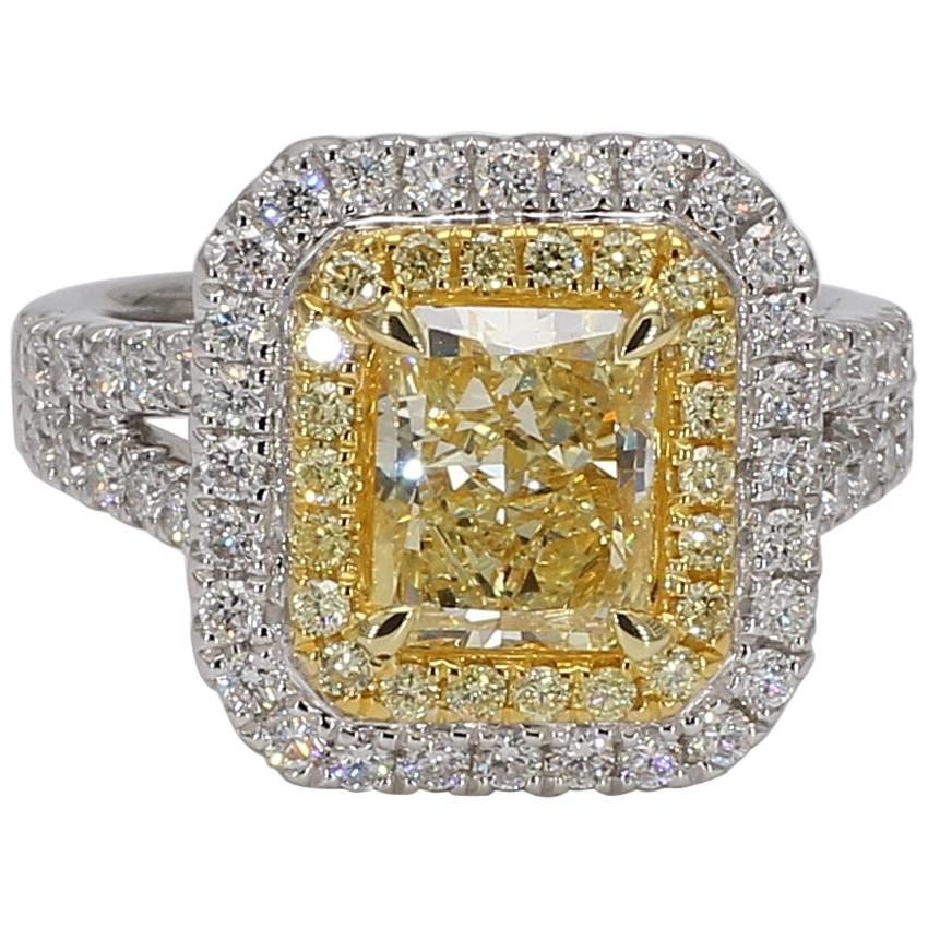 GIA Certified 2.20 Carat Yellow Radiant Cut Diamond Halo Ring