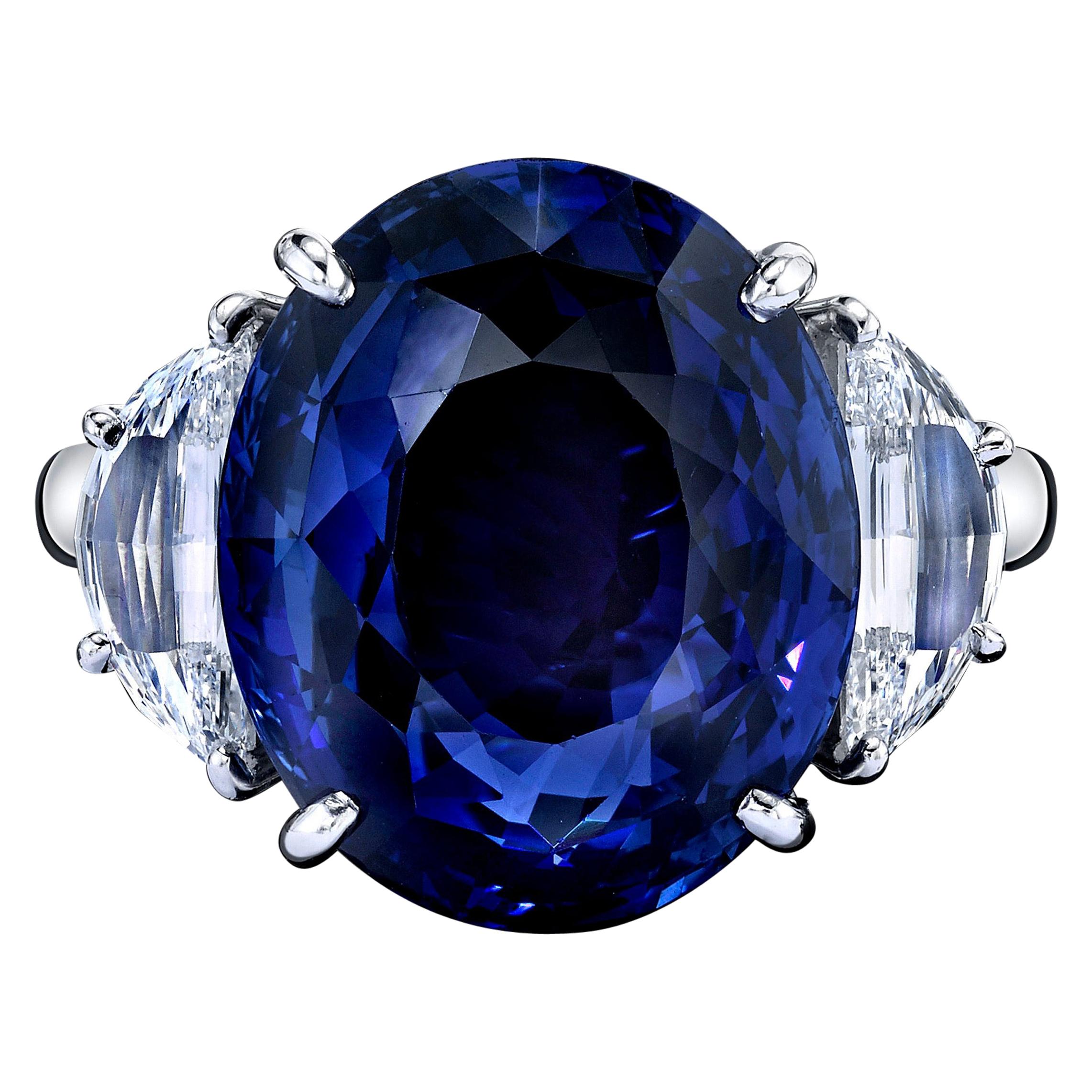 GIA Certified 22.01 Carat Oval Blue Sapphire and Diamond Ring For Sale