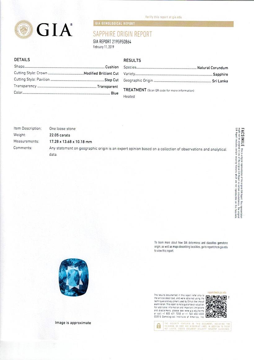 GIA-zertifizierter 22,05 Karat blauer Saphirring mit Kissenschliff im Kissenschliff aus Sri Lanka 7
