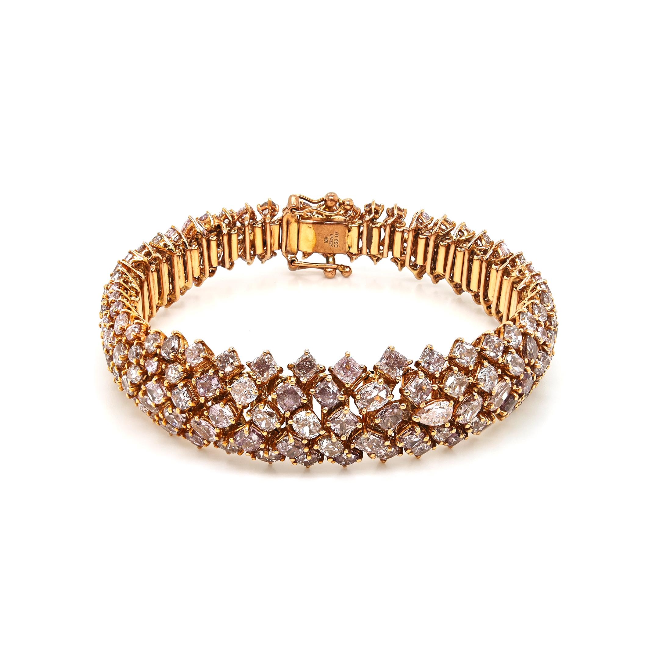 GIA Certified 22.07 Carats Fancy Diamond Rose Gold Bracelet In New Condition For Sale In New York, NY