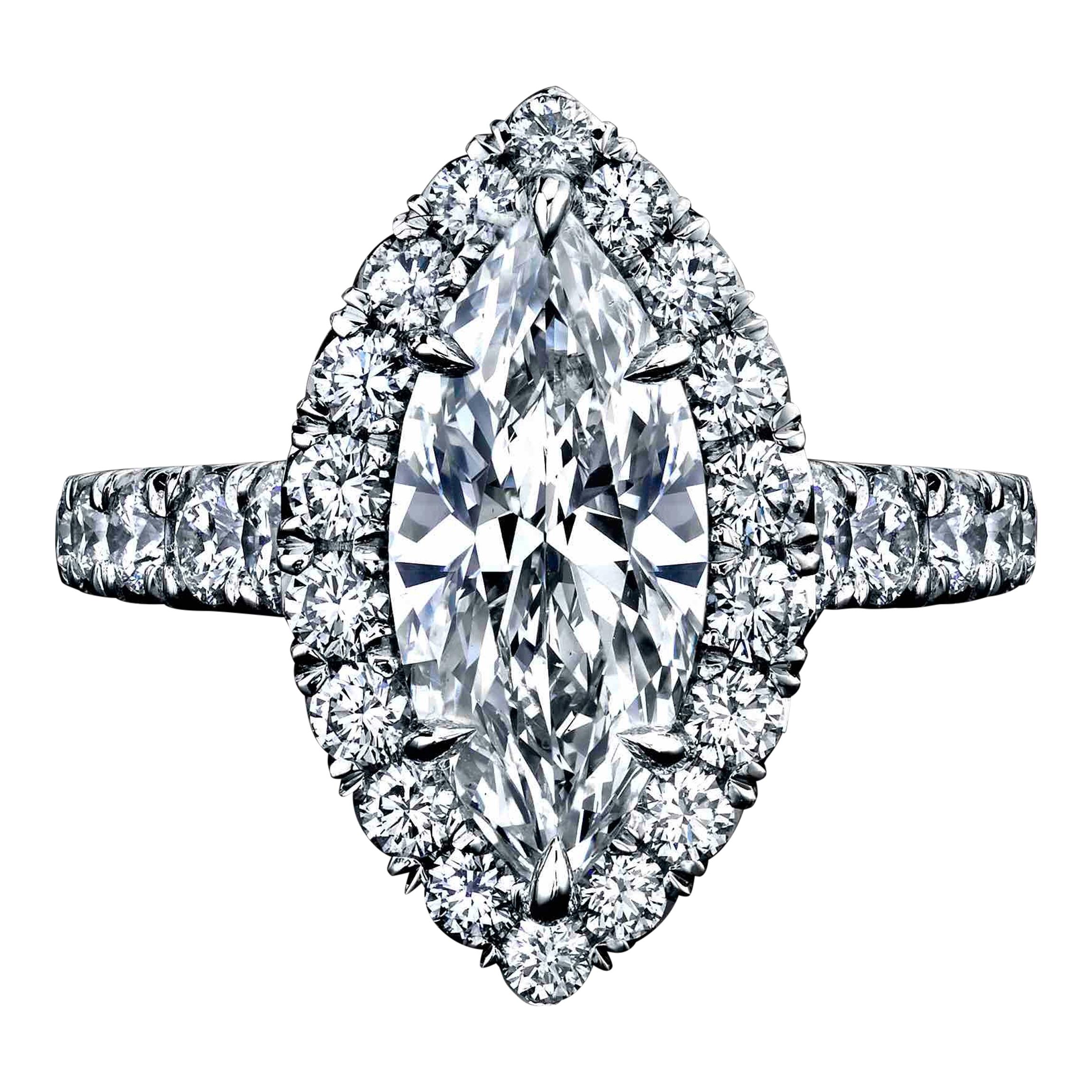 GIA Certified 2.20ct, Marquise Diamond Set in a Platinum Halo Ring For Sale