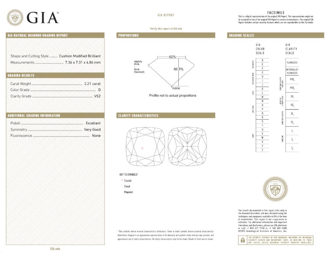 Contemporain Bague de fiançailles en platine certifiée GIA 2,21 carats D VS2 diamant taille coussin en vente