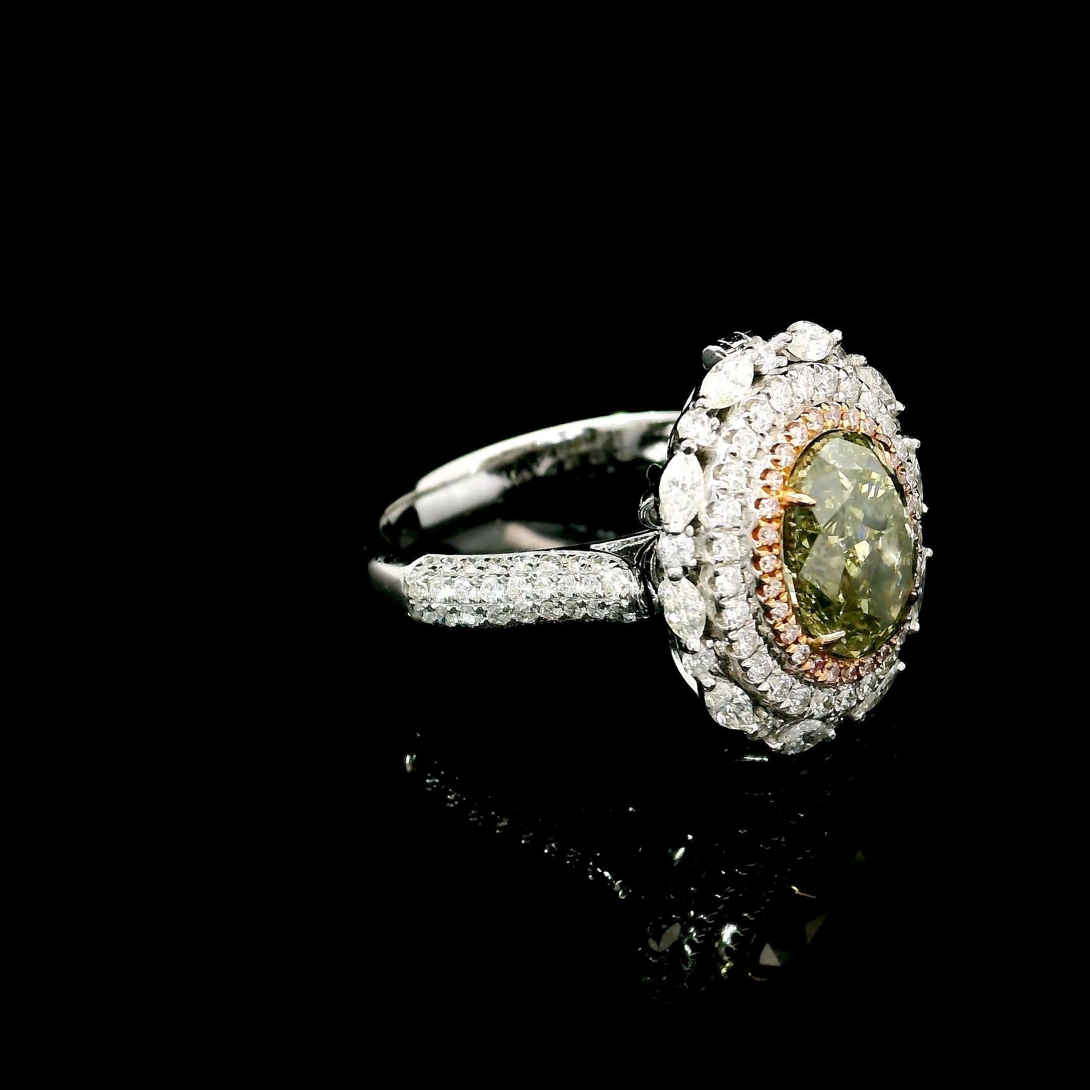 Oval Cut GIA Certified 2.21 Carat Fancy Grayish Yellowish Green SI2 Clarity Diamond Ring For Sale
