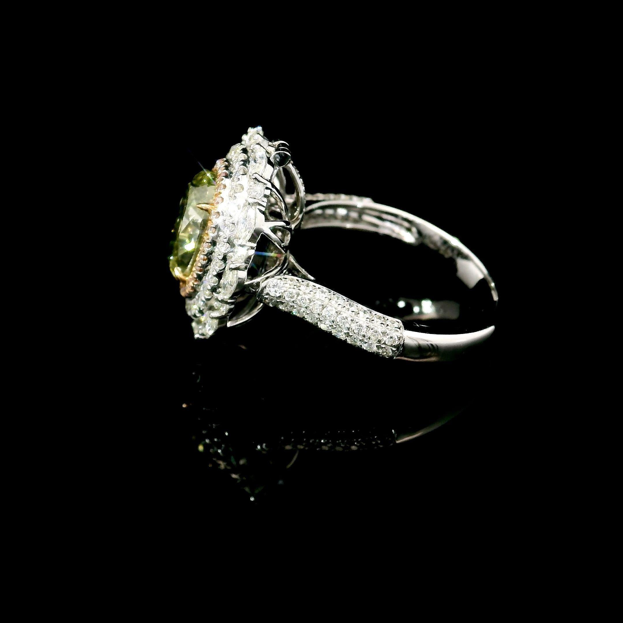 GIA Certified 2.21 Carat Fancy Grayish Yellowish Green SI2 Clarity Diamond Ring For Sale 1
