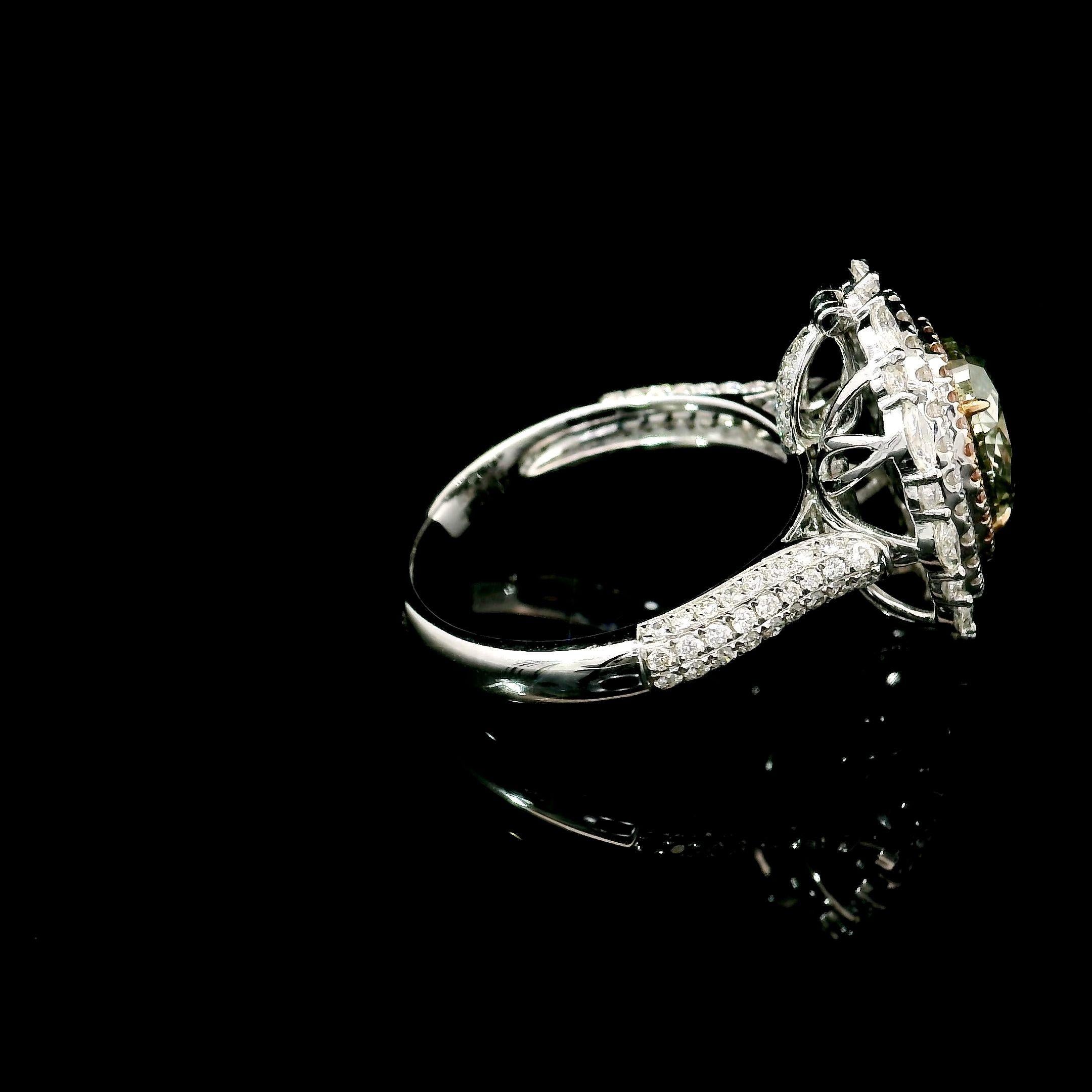 GIA Certified 2.21 Carat Fancy Grayish Yellowish Green SI2 Clarity Diamond Ring For Sale 2