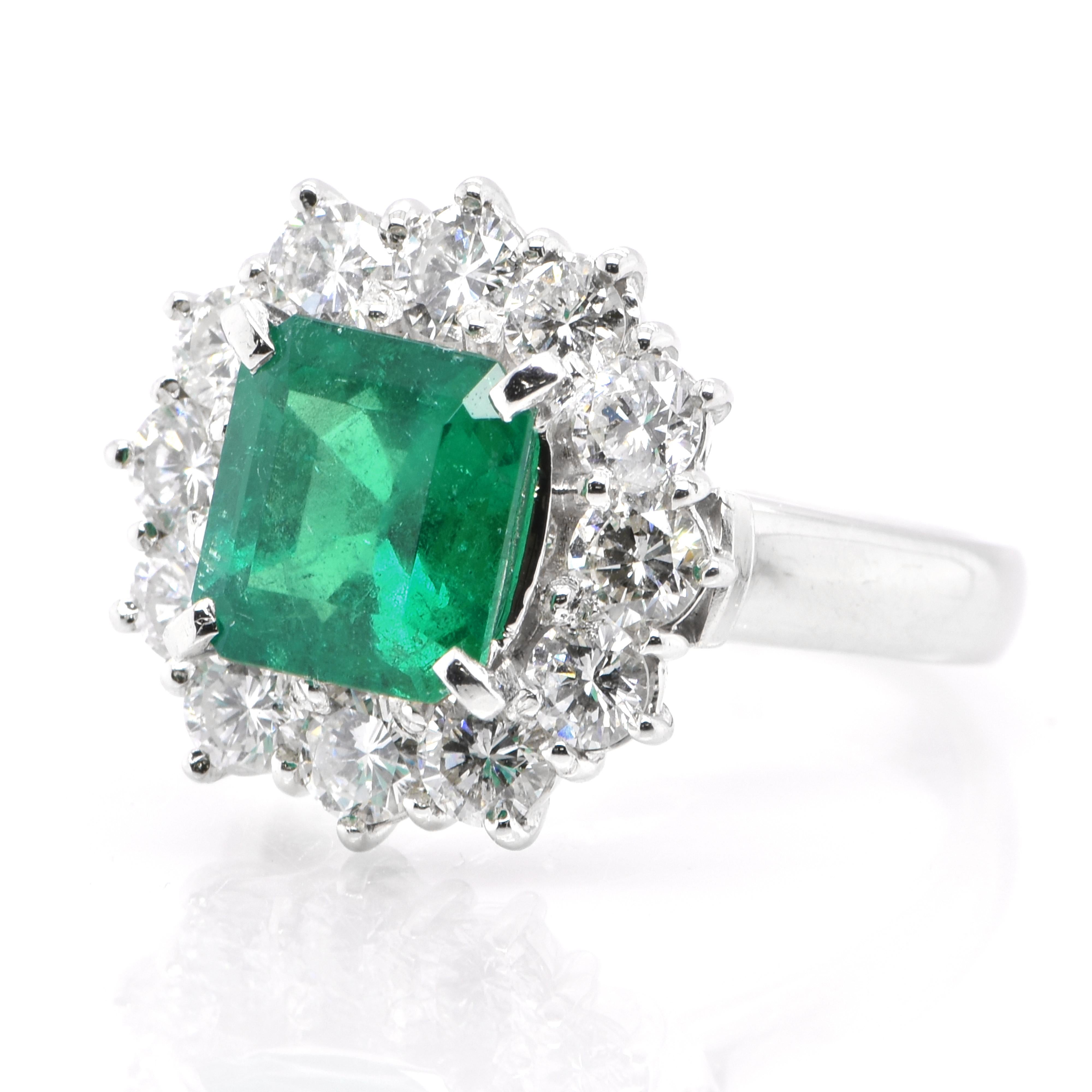 A stunning Halo ring featuring a GIA Certified 2.21 Carat Natural Colombian Emerald and 1.48 Carats of Diamond Accents set in Platinum. People have admired emerald’s green for thousands of years. Emeralds have always been associated with the lushest