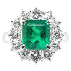 GIA Certified 2.21 Carat Natural Emerald and Diamond Halo Ring Set in Platinum